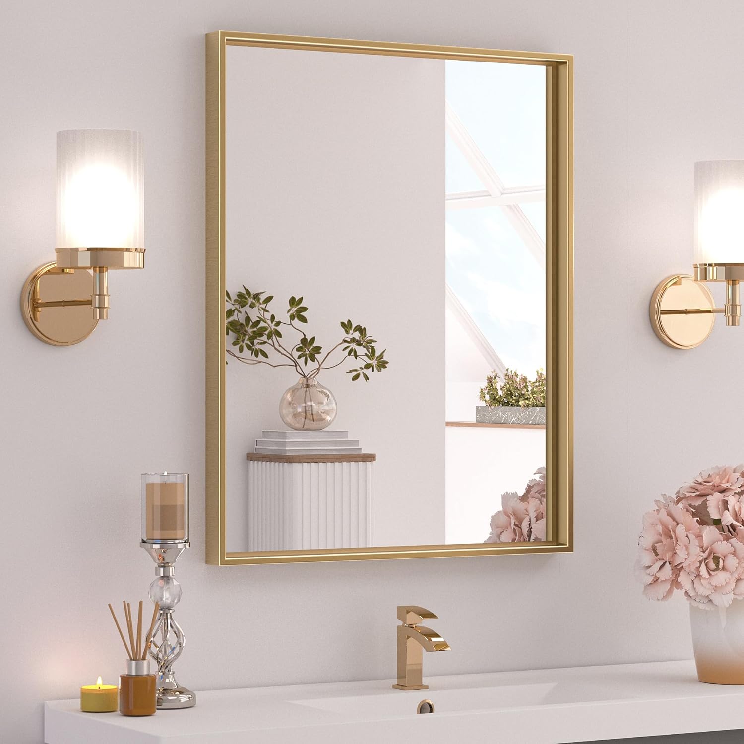 TETOTE Espejo de baño dorado cepillado de 16 x 24 pulgadas, espejo rectangular con marco dorado para sobre el fregadero, moderno espejo de pared