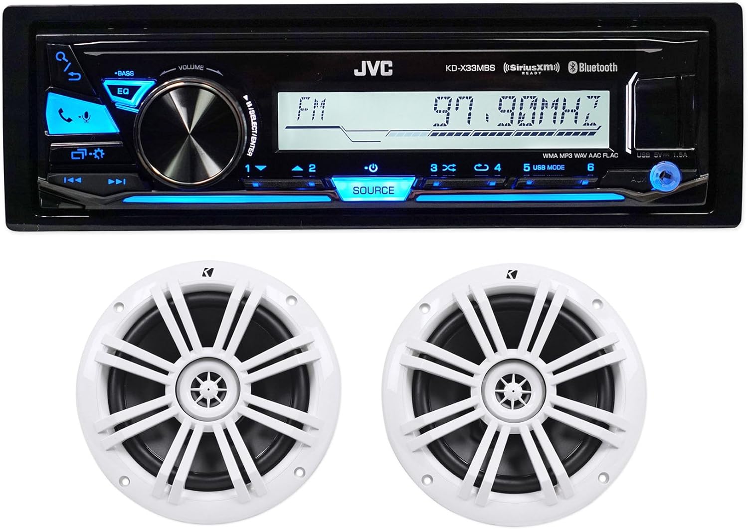 Paquete JVC KD-X33MBS – Receptor de medios digitales marinos de 1DIN con Bluetooth, USB y control Pandora + par de altavoces Kicker 41KM604W 6.5
