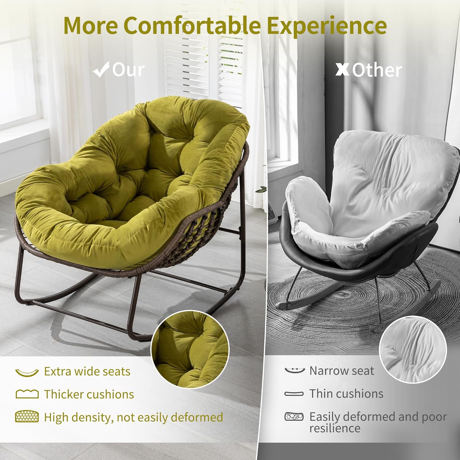 HOMEFUN Mecedoras para patio al aire libre, mecedora Papasan de gran tamaño para interiores con cojín acolchado, silla mecedora para porche