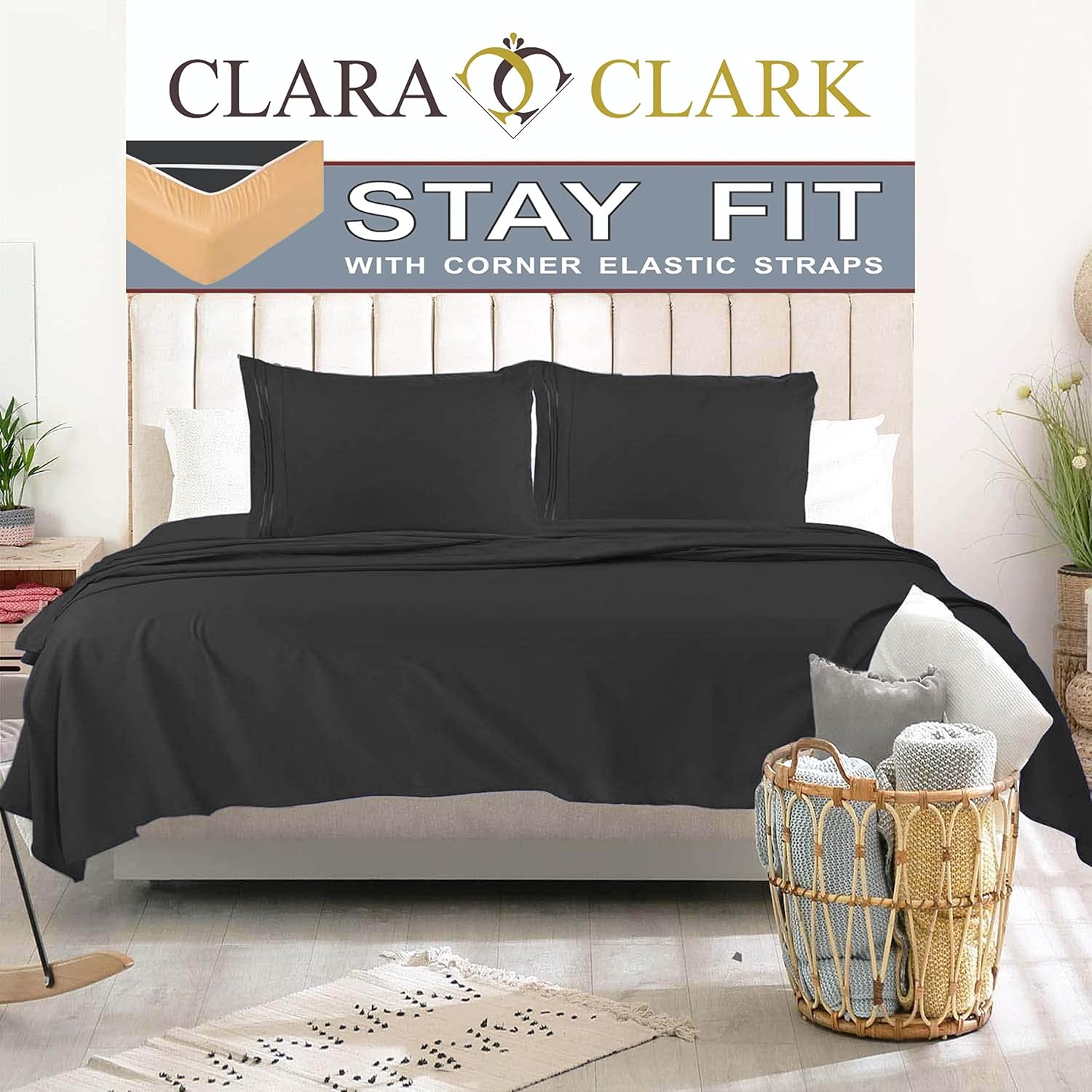 Clara Clark Juegos de sábanas de la serie 1800  Mantente en forma en el colchón con correas elásticas en las esquinas, matrimonial, color negro