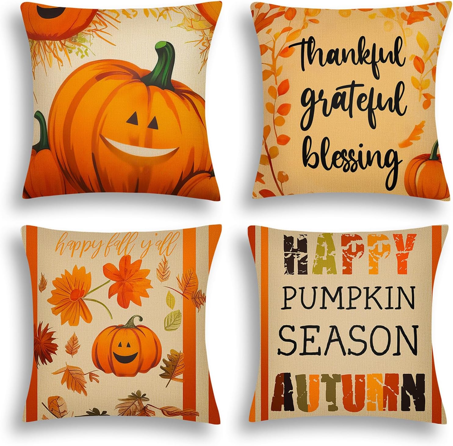 ARTHMOM Juego de 4 fundas de almohada de otoño de 18 x 18 pulgadas para decoración de otoño, diseño de calabaza con texto en inglés Happy Autumn
