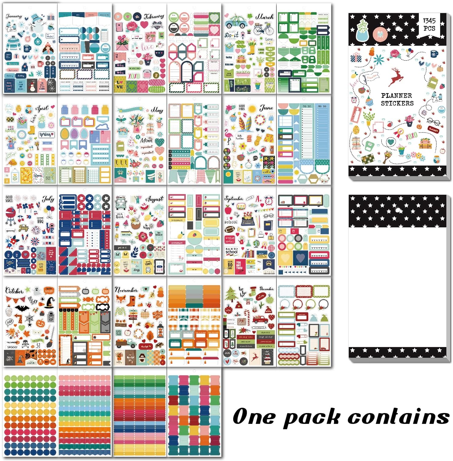 Calcomanías para planificación, 28 hojas, 1345 calcomanías para decoración de calendario, planificación, álbumes de recortes, vacaciones, temporada