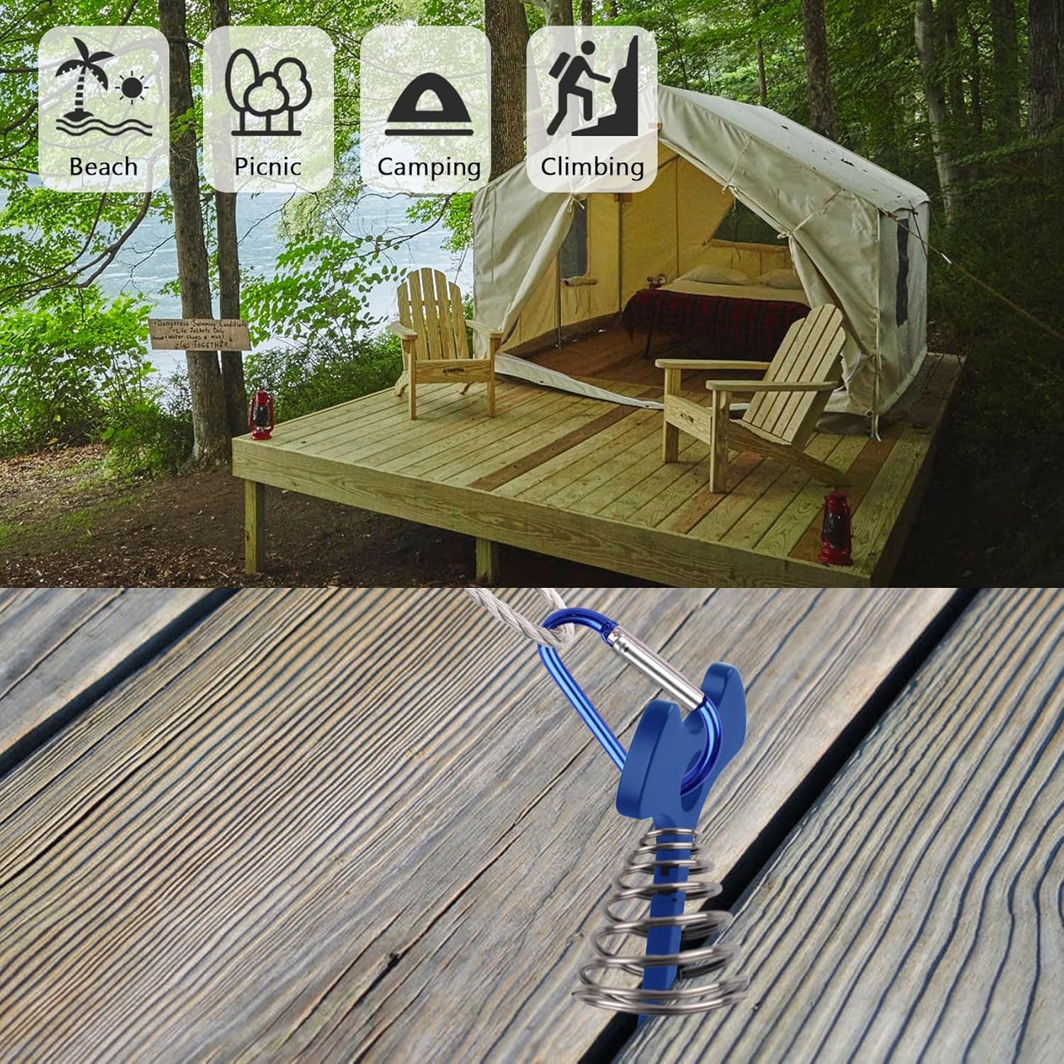 Clavijas de anclaje para cubierta con clip de mosquetón, 10 unidades, accesorios de campamento de espina de pescado, anclajes de cubierta a prueba