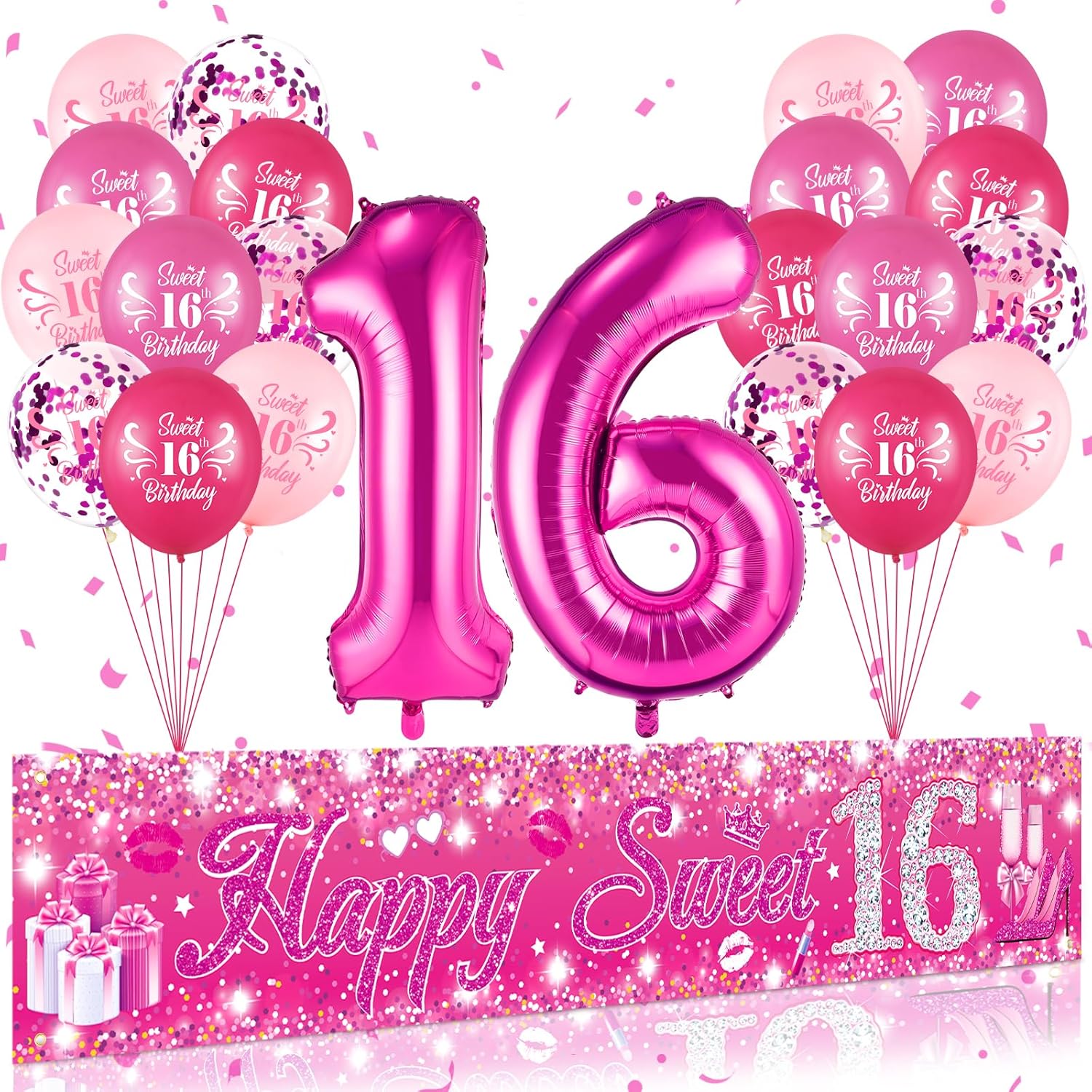 Decoraciones de cumpleaños con el número 16 para niñas, pancarta rosa con el número 16, 20 globos de cumpleaños de 16 pulgadas, globos de 40