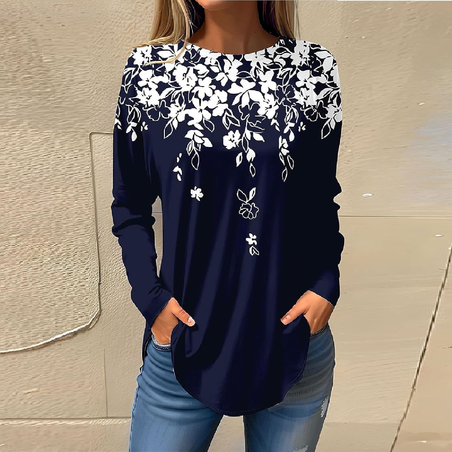 Lindas camisetas para mujer, blusas de ejercicio de otoño, manga larga, cuello redondo, camisas casuales de invierno, étnicas y florales, sudaderas