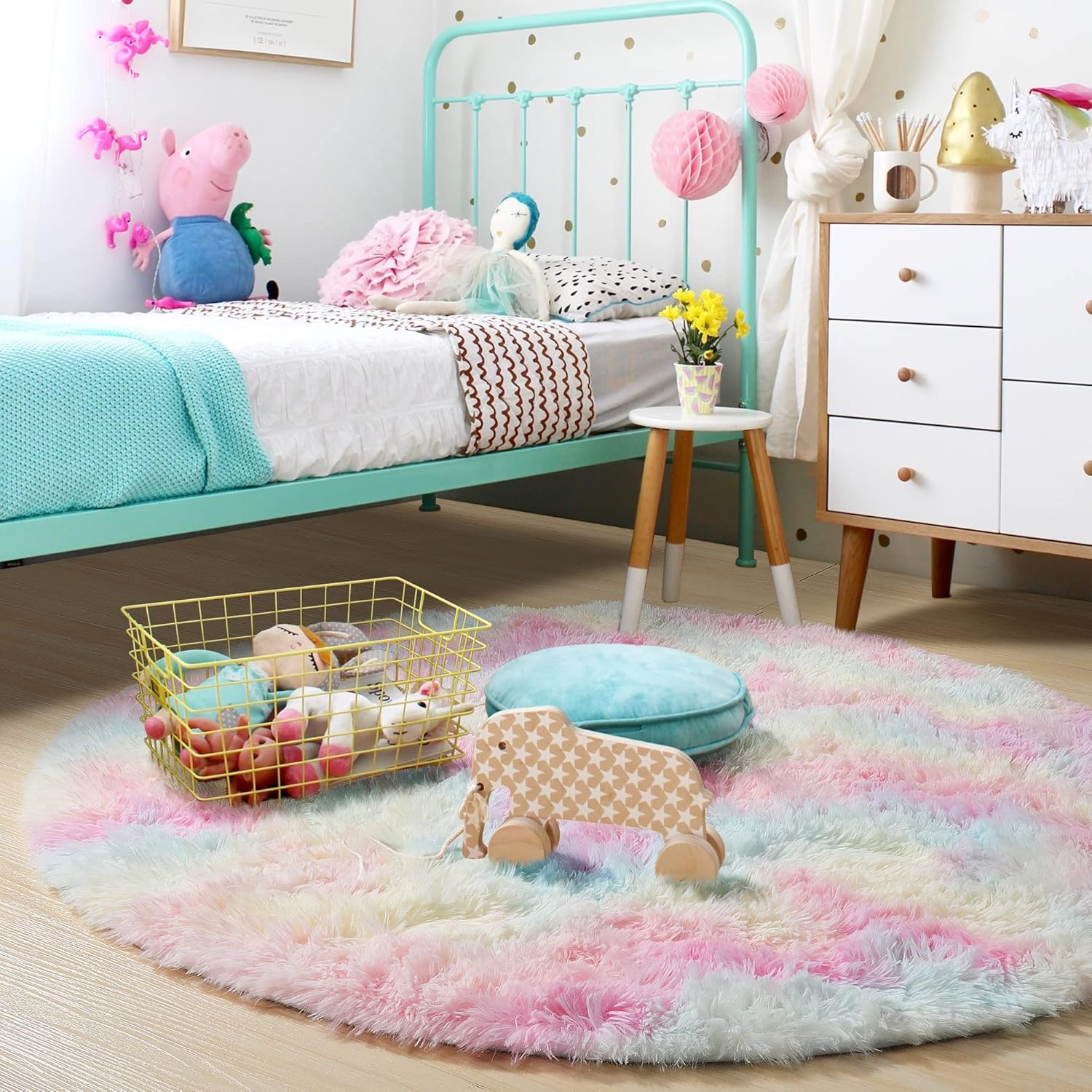 Alfombra esponjosa redonda arcoíris para dormitorio de niños, decoración de habitación de unicornio, alfombra de pelo largo para guardería, alfombra