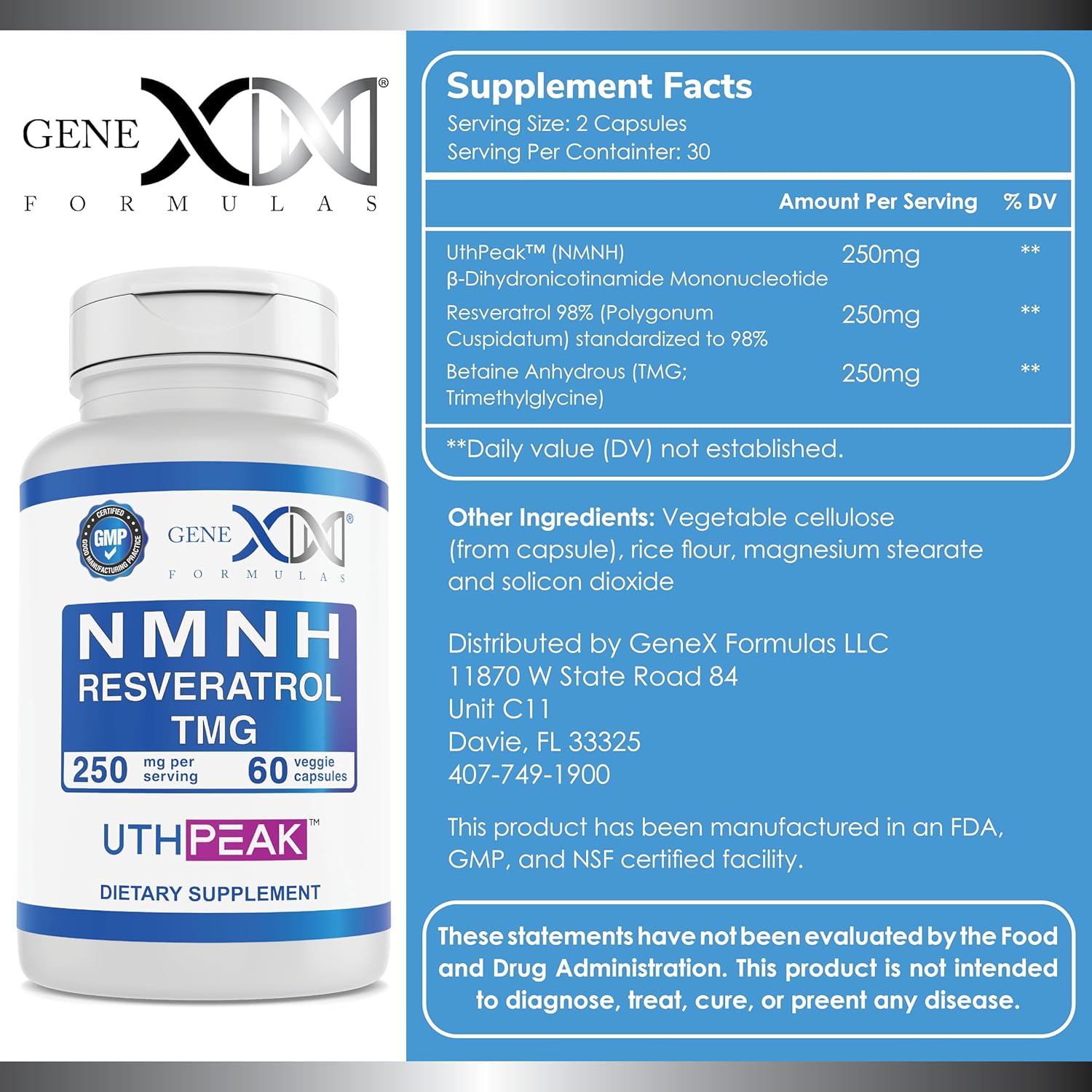 GENEX 250mg NMNH + Resveratrol + TMG (60 cápsulas – 30 porciones)  NMNH (mononucleótido de dihidronicinamida) + 98% de resveratrol + TMG para un