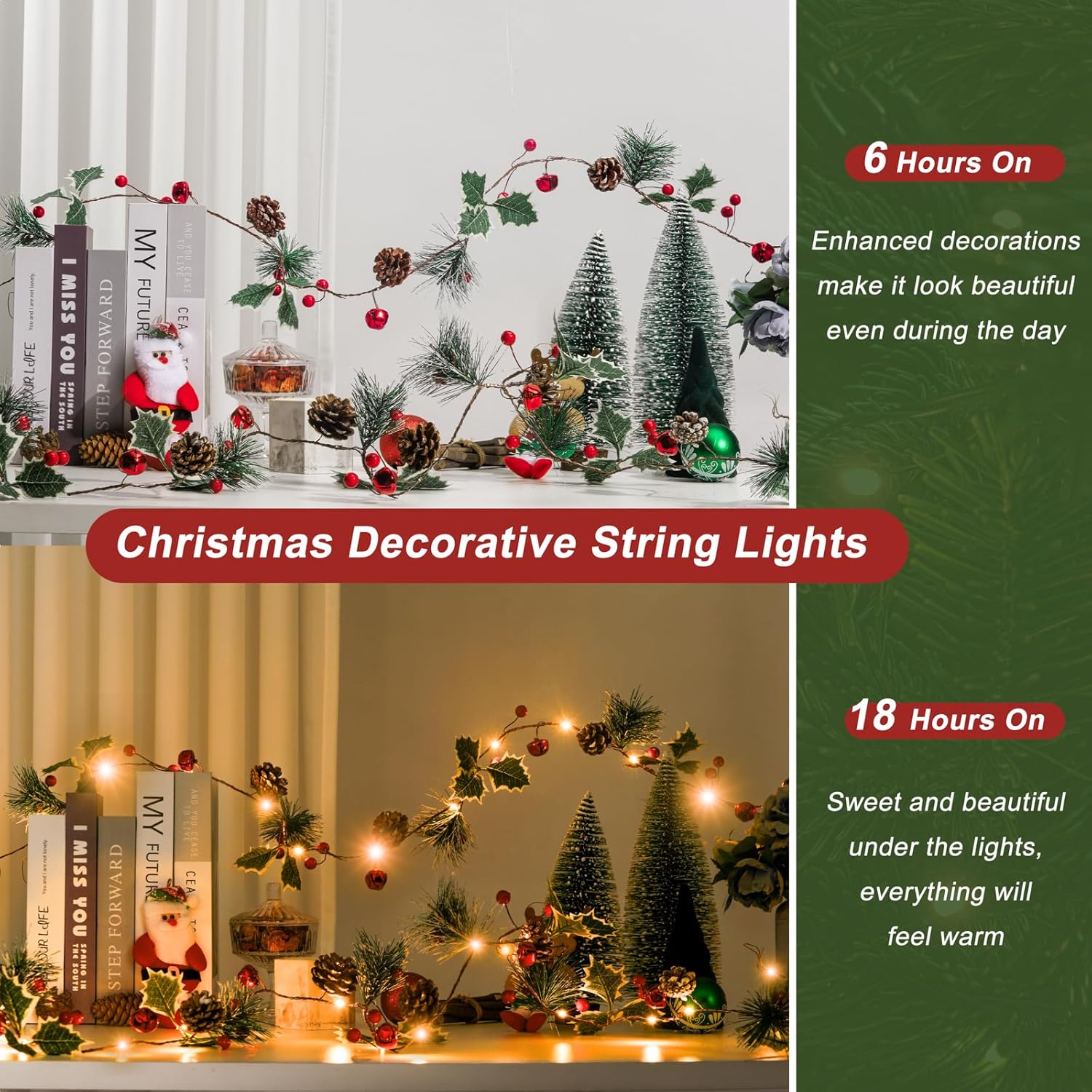 Guirnalda de luces de Navidad de 6 pies con 20 luces LED de conos de pino de bayas rojas, guirnalda de luces LED para decoración del hogar de Navidad