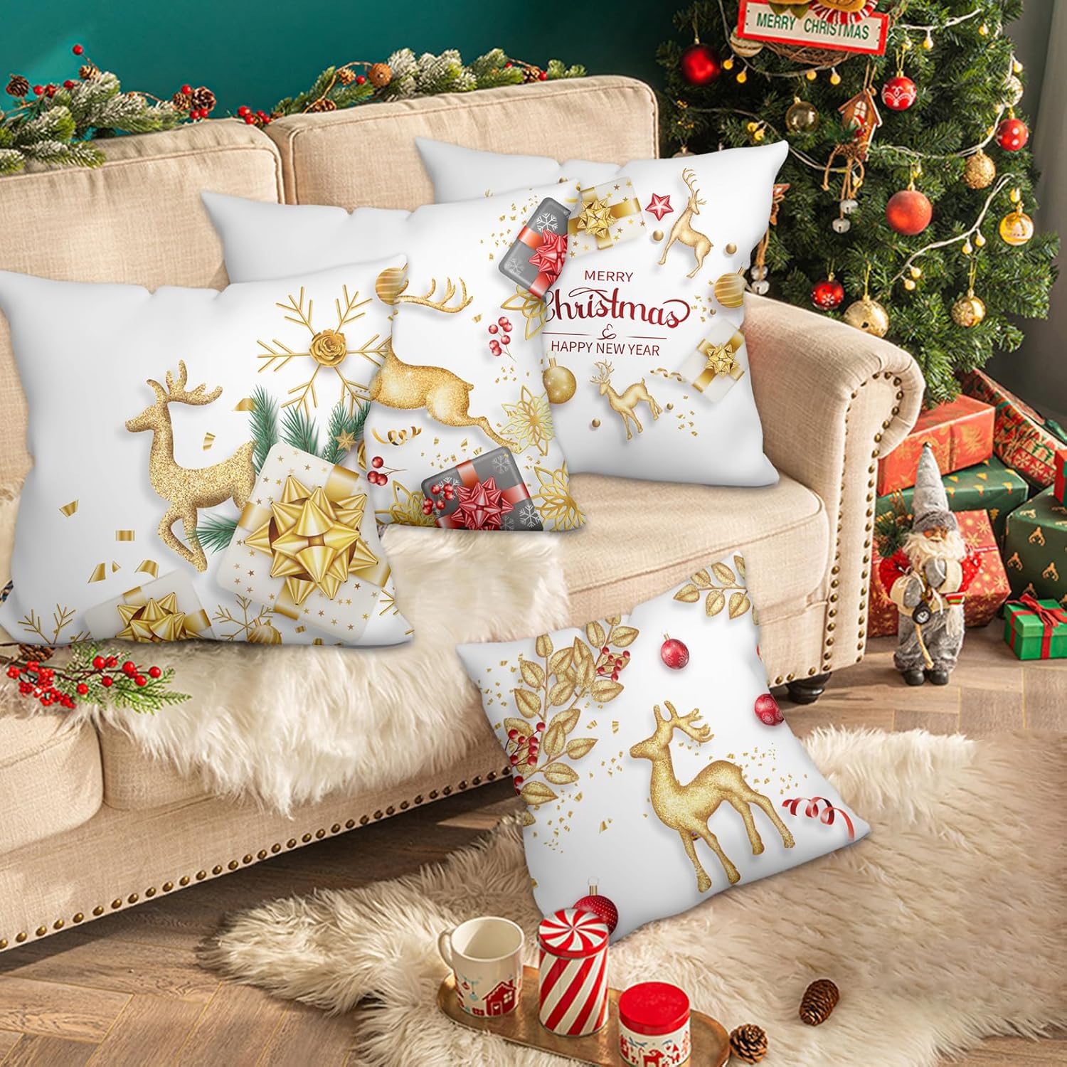 WSZBDY Juego de 4 fundas de almohada de Navidad, copos de nieve de oro blanco, decoración de Navidad, renos, 18 x 18 pulgadas, juego de 4 adornos de