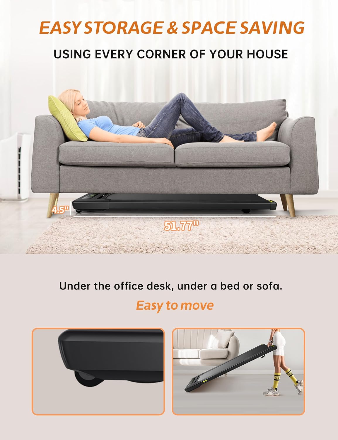 RHYTHM FUN Almohadilla para caminar, caminadora debajo del escritorio con cinturón ancho de 2.5 HP portátil para caminar debajo del escritorio para