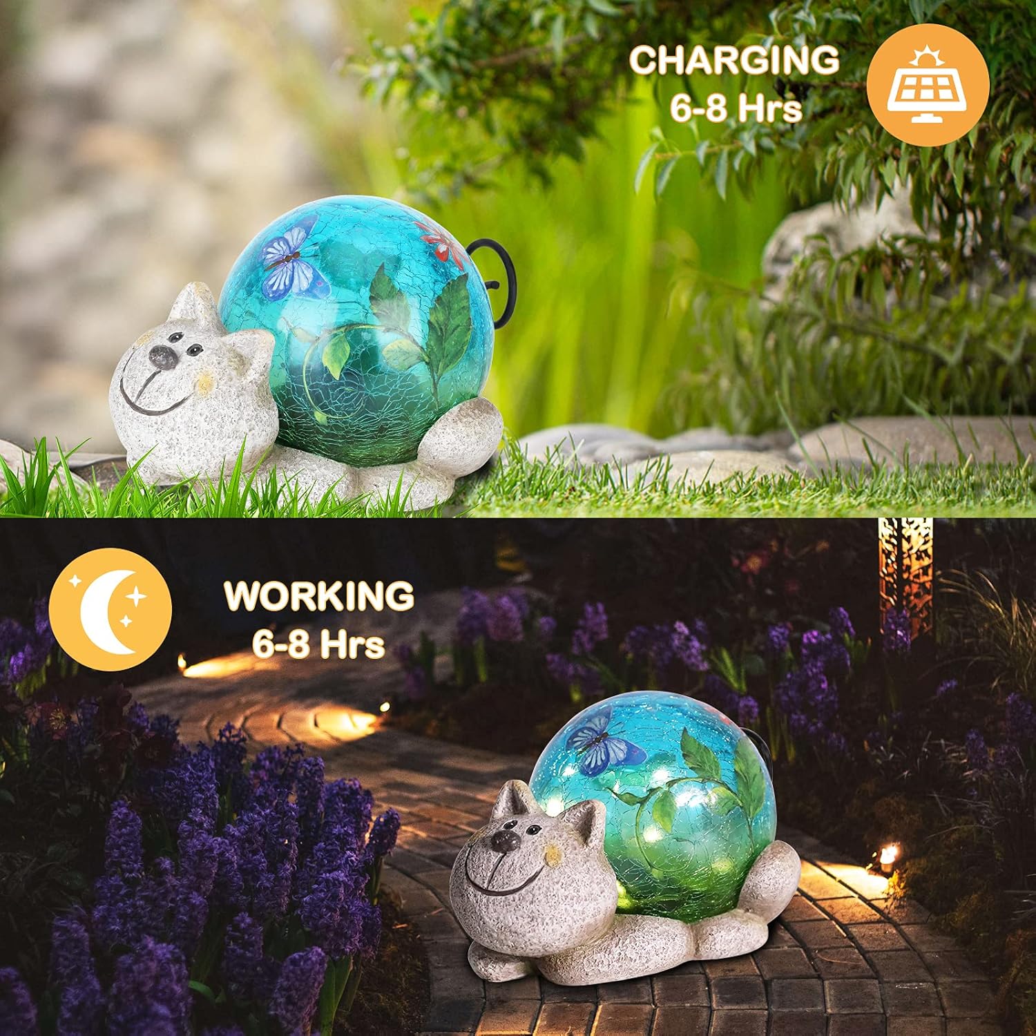 Afirst Estatuas solares de jardín para exteriores, adorno de césped de gato con luces solares de vidrio agrietado, decoración al aire libre para