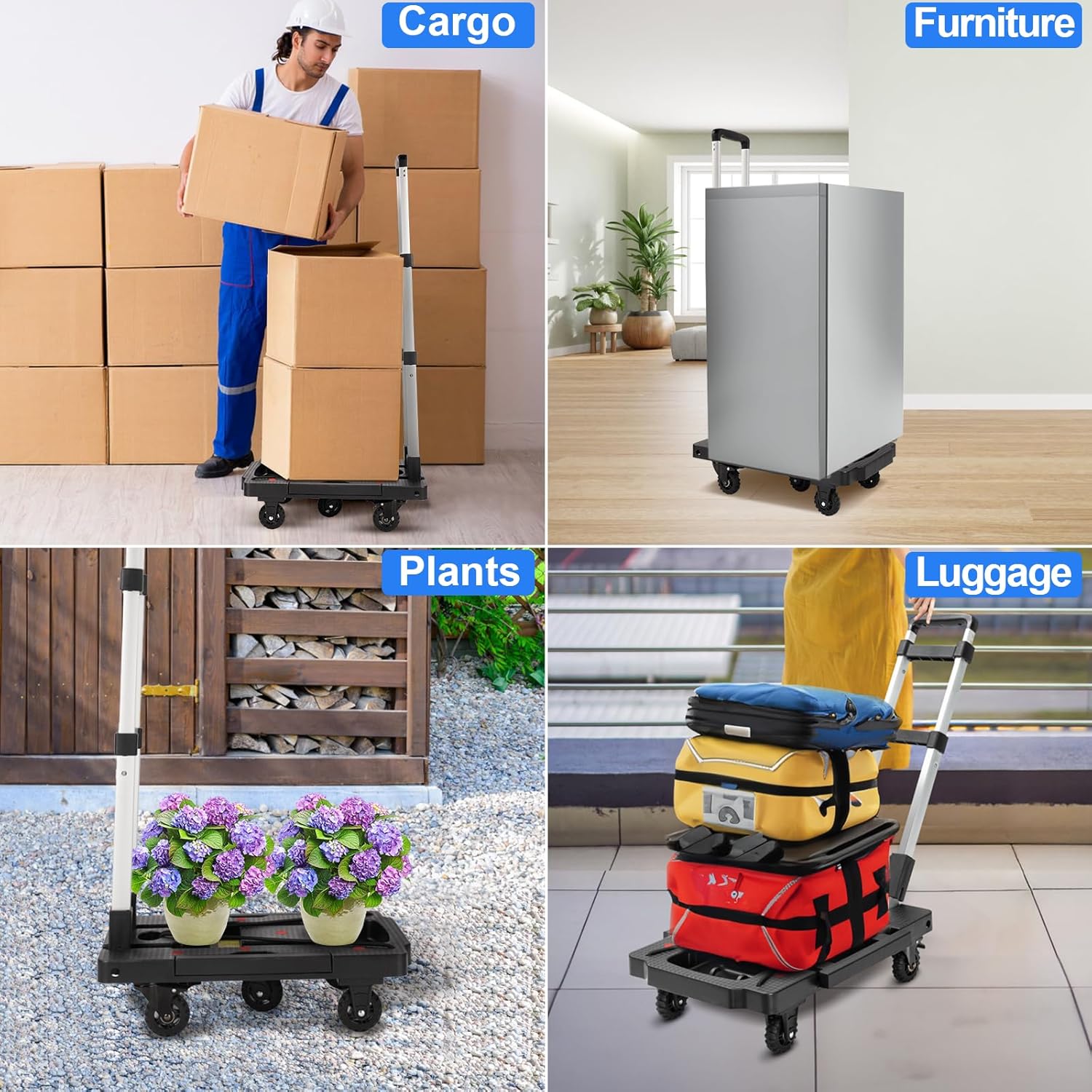 Camión de mano plegable, 330 libras, carrito de mano plegable, carrito de mano resistente, carrito de equipaje de plataforma portátil con 5 ruedas y