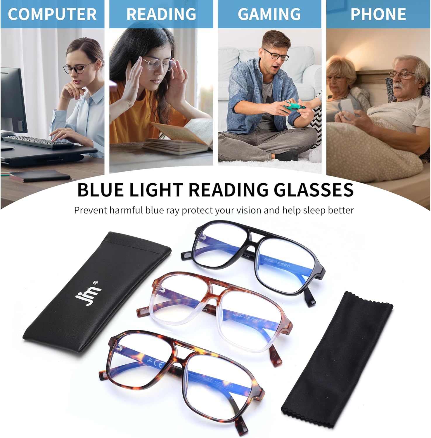 JM Paquete de 3 lentes de lectura de aviador de gran tamaño para mujeres y hombres, retro cuadrados con luz azul para lectura de computadora