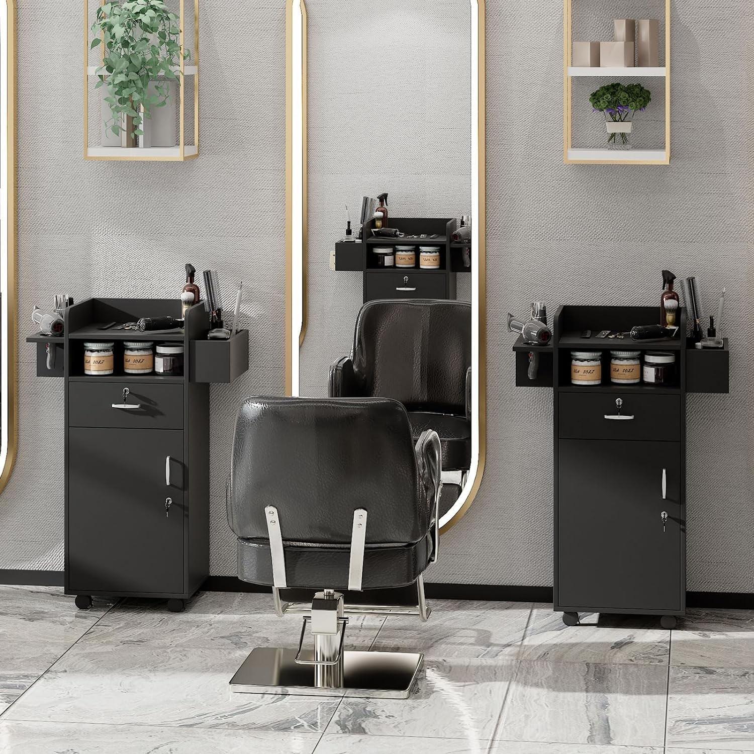 Estaciones de peluquería para estilistas, gabinete de peluquería para estilista con cajones de bloqueo y 6 fundas de herramientas, equipo de salón