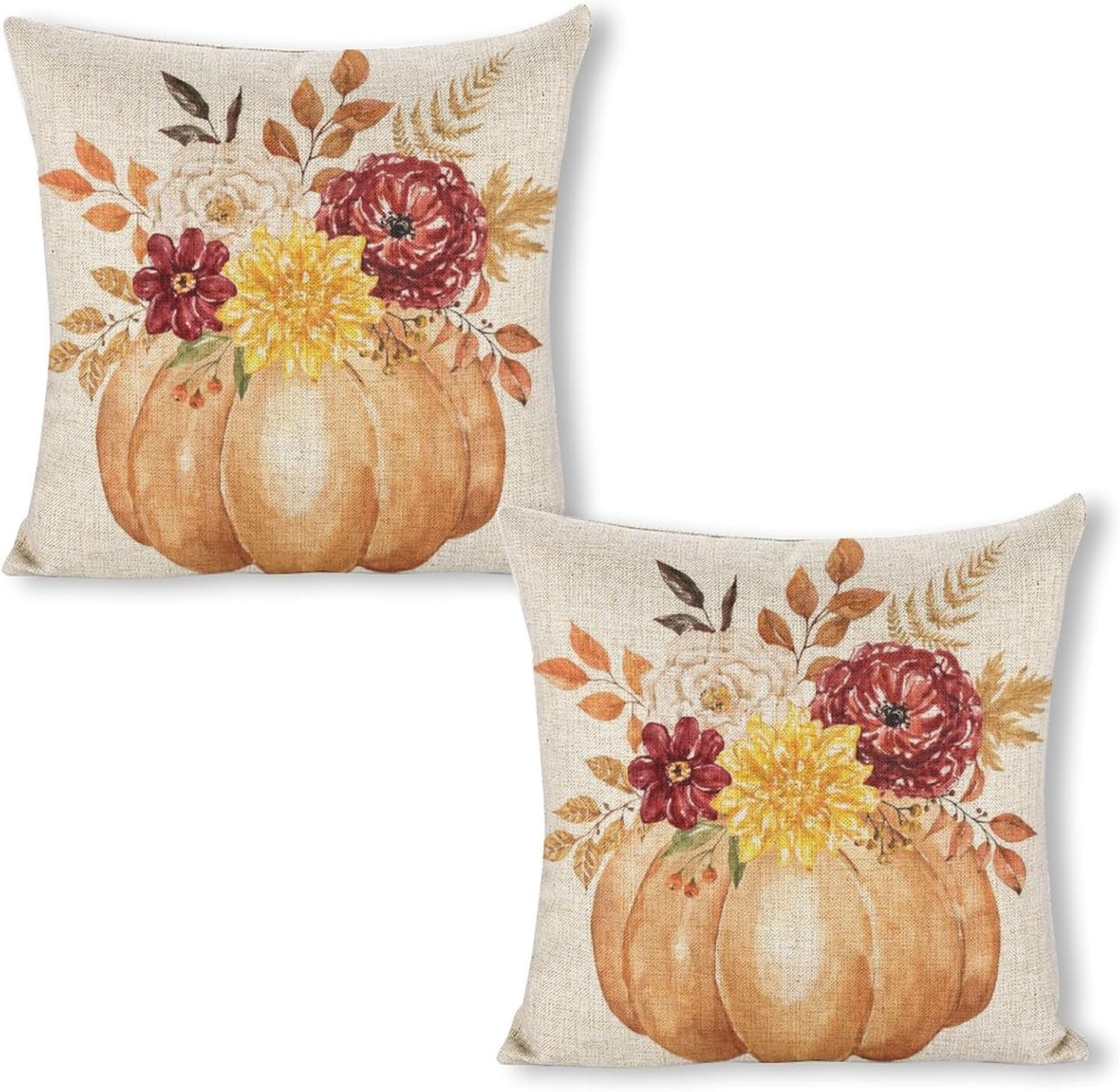 Juego de 2 fundas de almohada de calabaza naranja otoñal de 18 x 18 pulgadas, juego de 2 fundas de almohada cuadradas decorativas de lino con flores