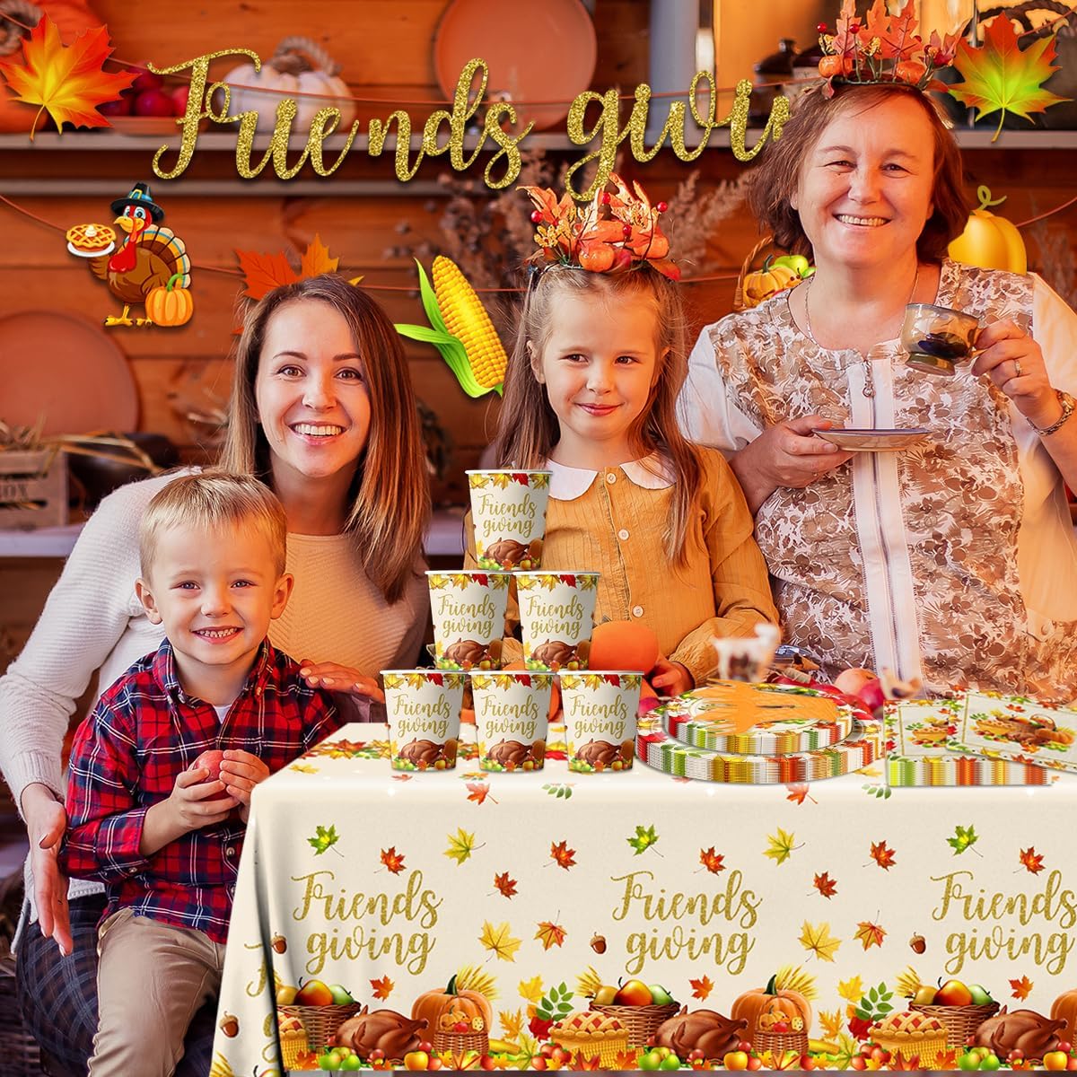 Decoraciones para fiestas de amigos, 142 piezas de vajilla de otoño, incluye platos de papel, mantel, tazas, calabaza, arce, pavo, decoraciones