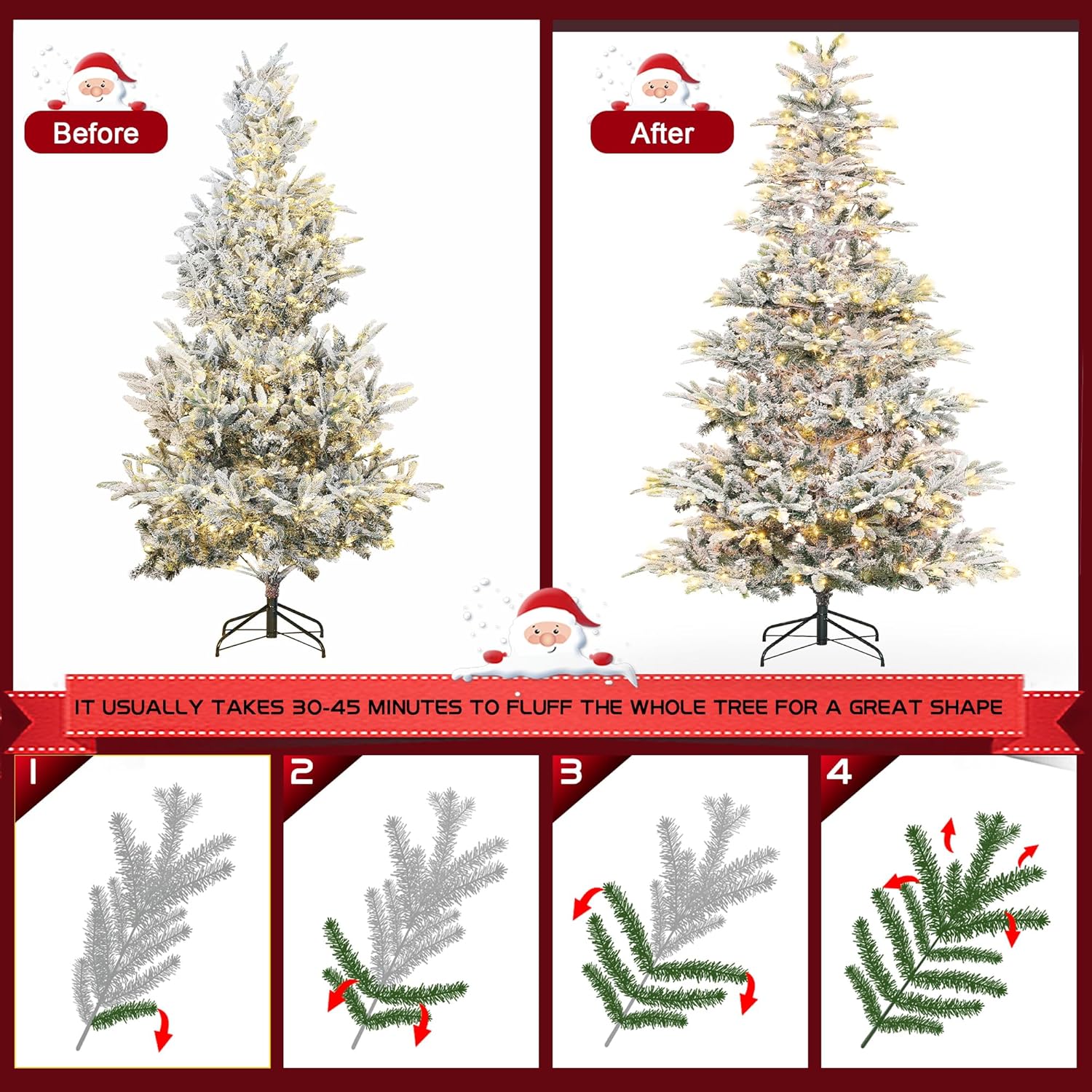 Prelit Árbol de Navidad flocado de 6 pies de pino artificial con 400 luces LED blancas cálidas para decoración de Navidad