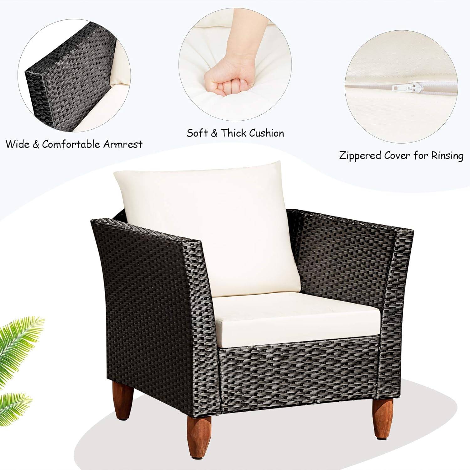 COSTWAY Juego de muebles de ratán de patio al aire libre 3PCS sofá acolchado de madera blanco