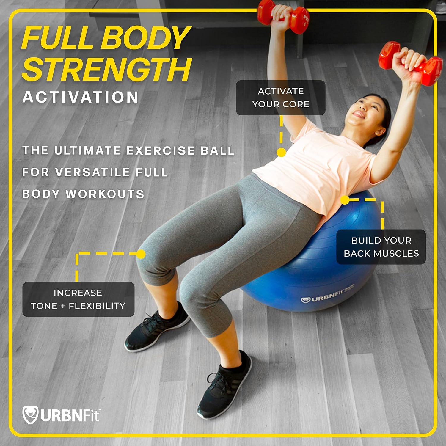 URBNFit – Pelota de ejercicio, entrenamiento y yoga en varios tamaños, pelota para embarazo y estabilidad, antiestallido, incluye bomba de inflado