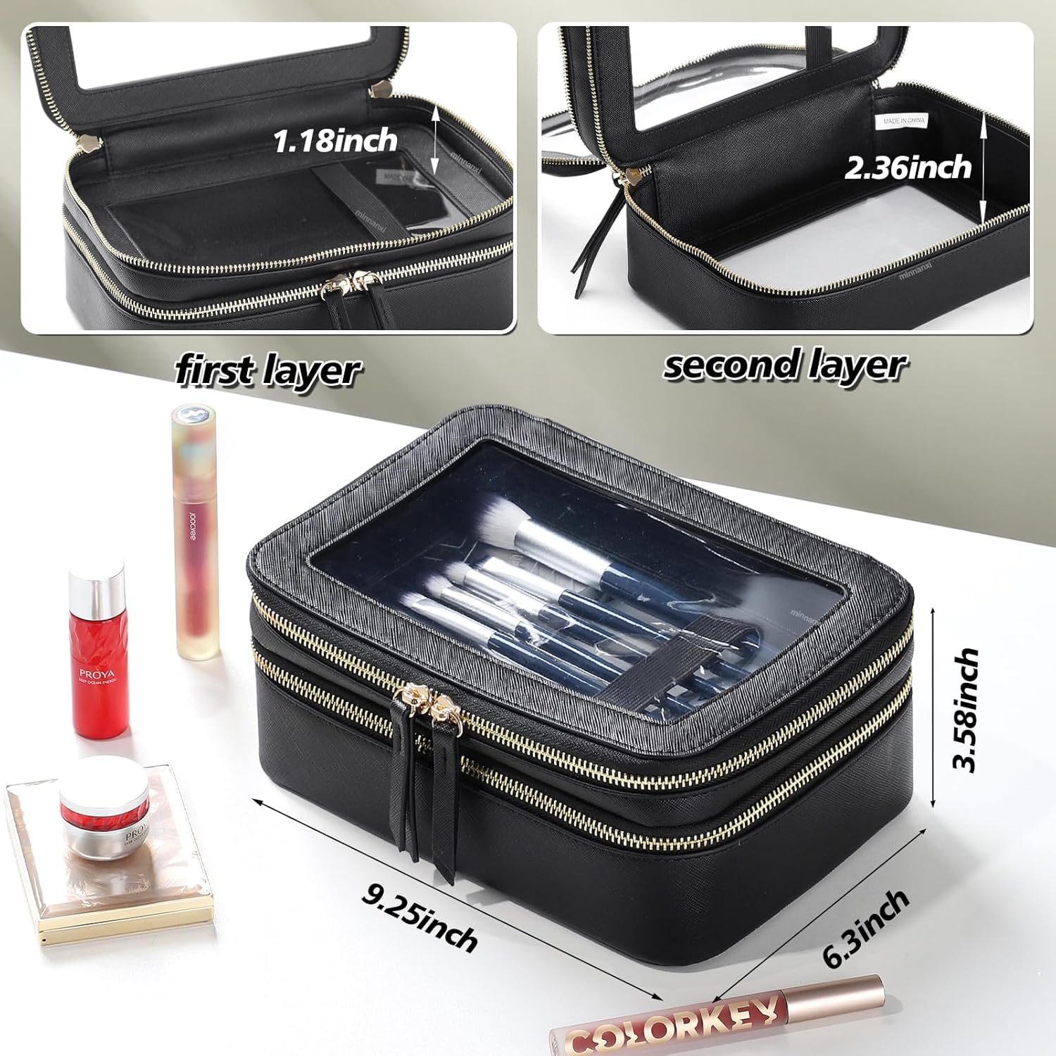 Minnanxi Neceser organizador de maquillaje transparente, doble cremallera, bolsa de cosméticos para viajar con impermeable y gran capacidad, bolsa