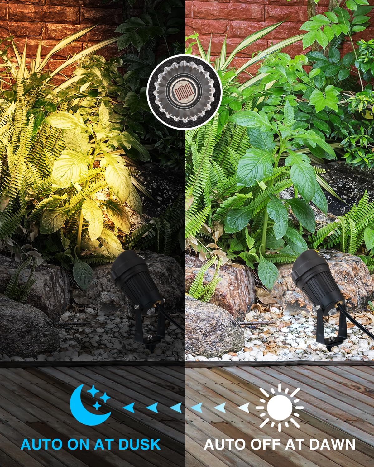 SUNVIE Iluminación al aire libre del atardecer al amanecer 120 V, focos LED de paisaje al aire libre con sensor de fotocélula luces impermeables