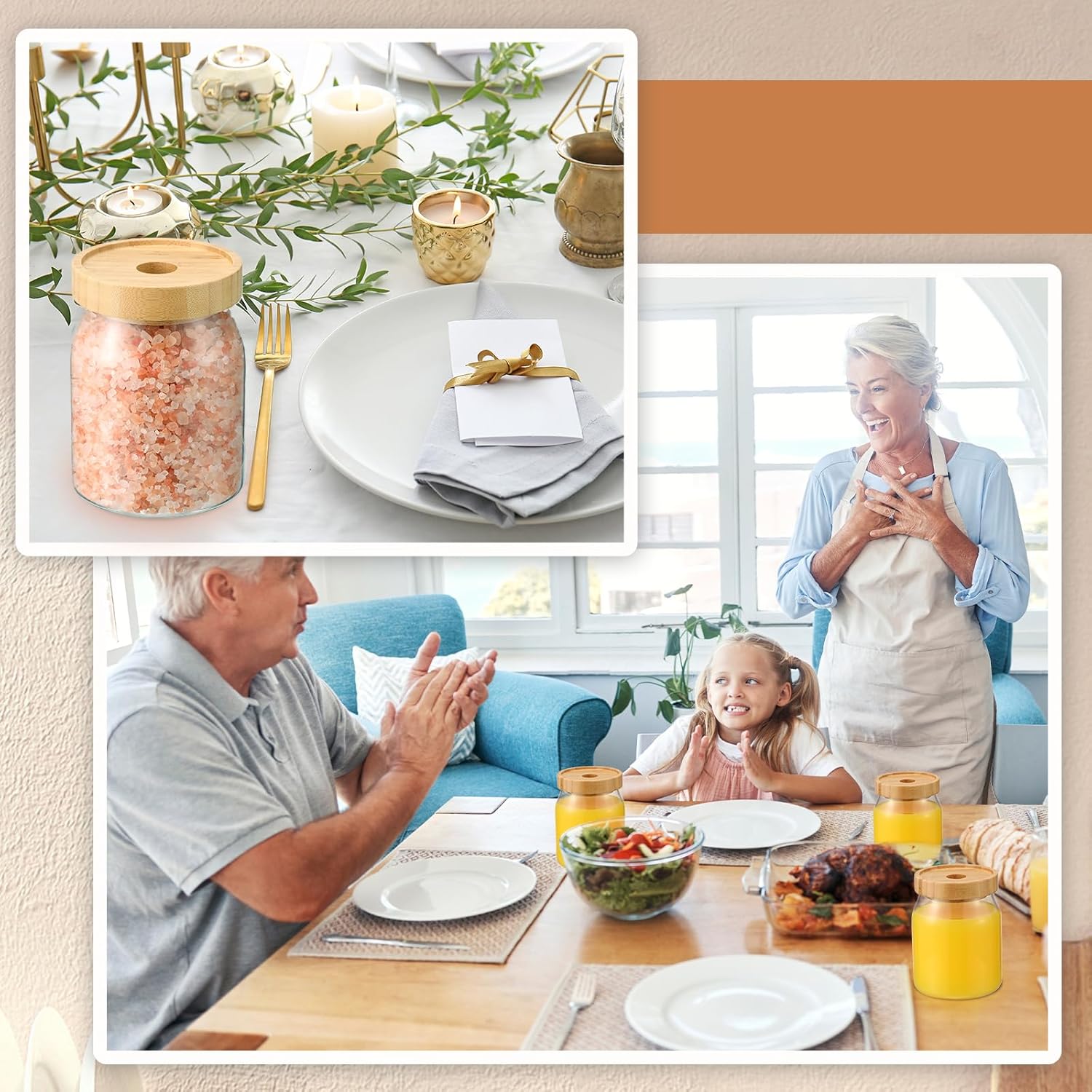 Layhit 6 tarros de vidrio con tapas de bambú, recipientes de vidrio de 20 onzas20.3 fl oz con tapas herméticas, contenedor de arroz, almacenamiento