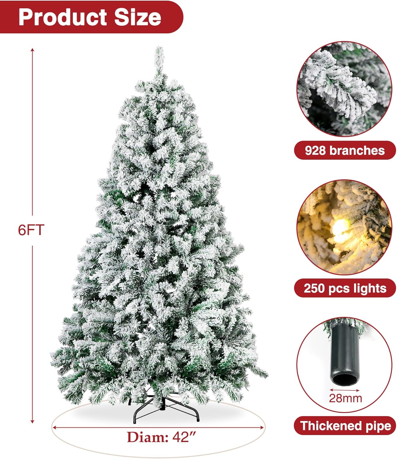 BROVIEW Árbol de Navidad artificial preiluminado de 6 pies, árbol de Navidad navideño con 250 luces RGB multicolor, 928 puntas de rama, base