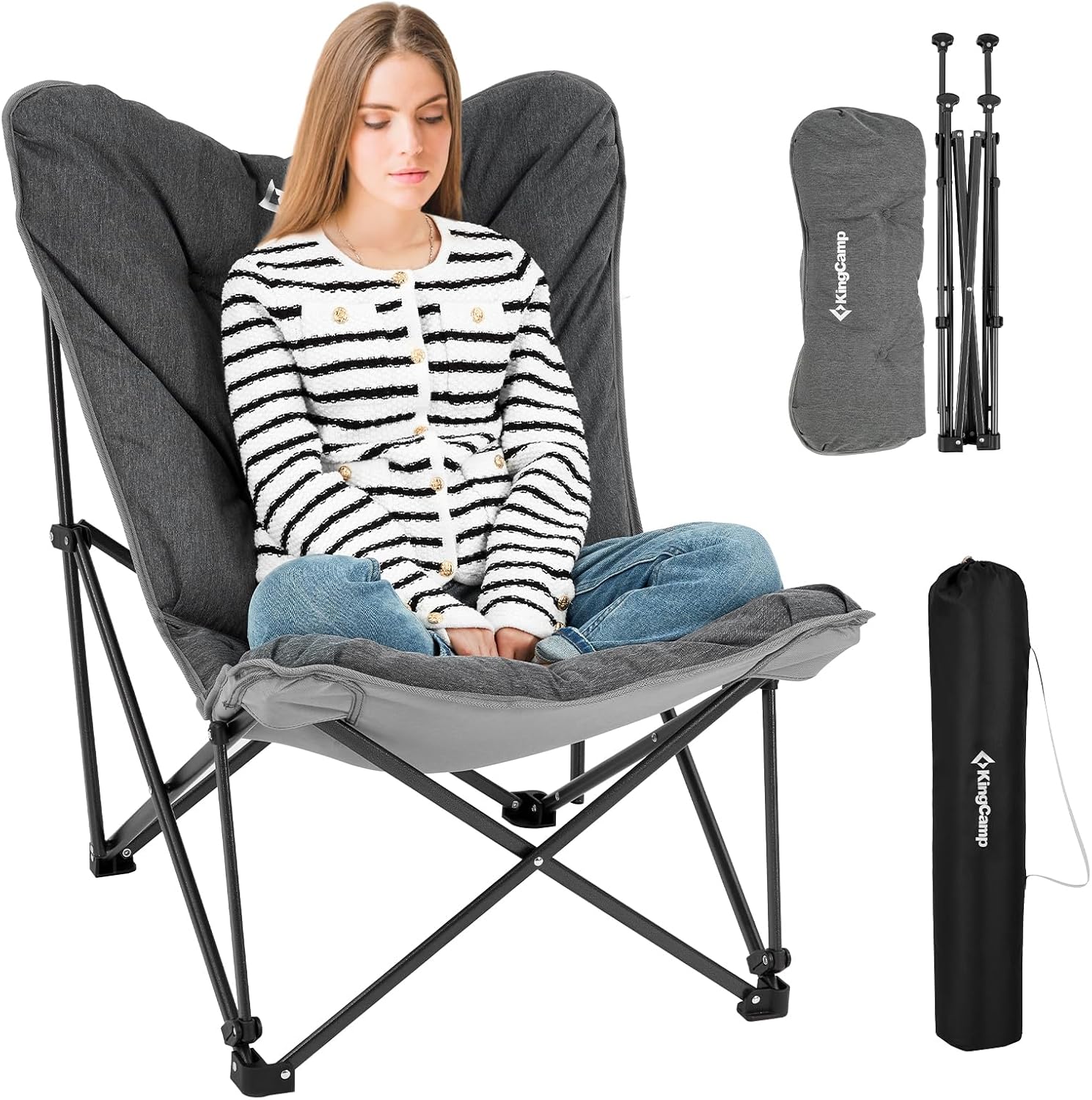KingCamp Silla de campamento acolchada de gran tamaño, silla plegable de mariposa XL cómoda para exteriores con bolsa de transporte, silla de