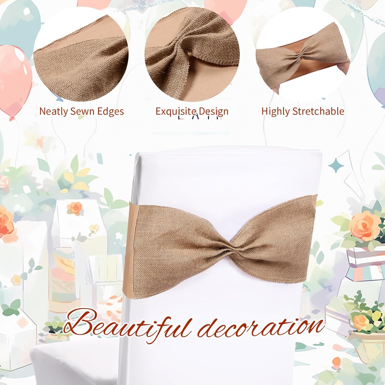 Bandas elásticas de arpillera para silla de lino y elastano, bandas rústicas para sillas de comedor, lazos para boda, comedor, banquete, evento,