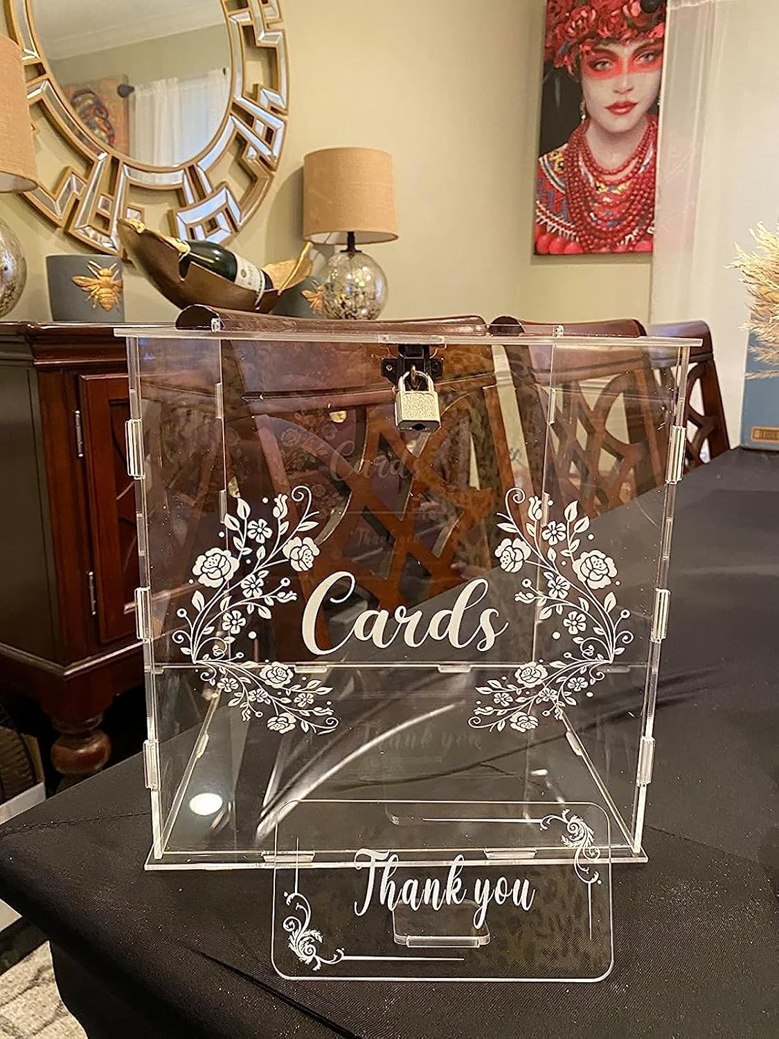 Caja de tarjetas de boda de acrílico con letrero, caja grande de acrílico transparente con cerradura para boda, recepción, aniversario, ducha,