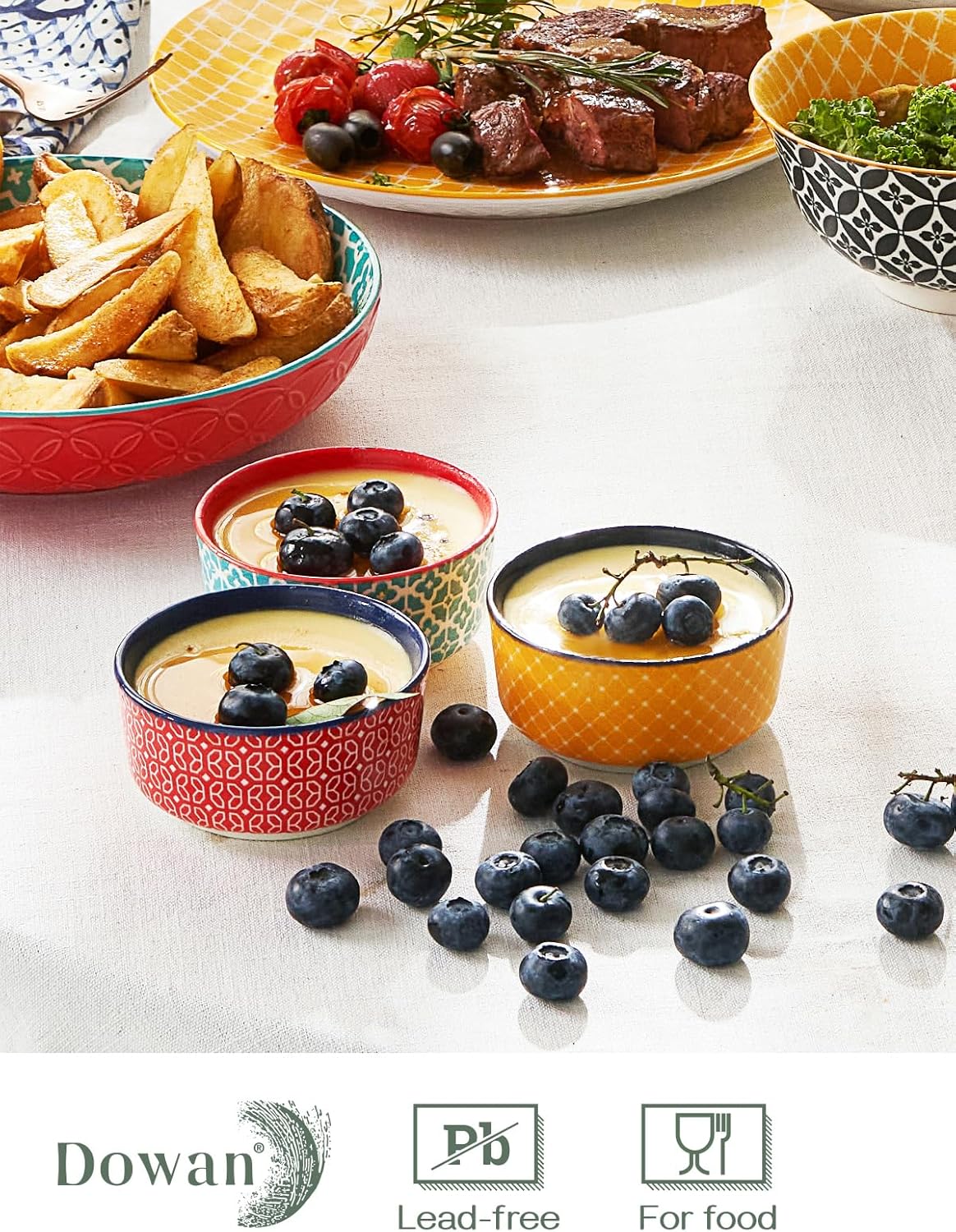 DOWAN Tazones de inmersión con tapas, tazas de cerámica para salsa de condimentos, cuencos de salsa de inmersión de 4.7 onzas para embutidos,