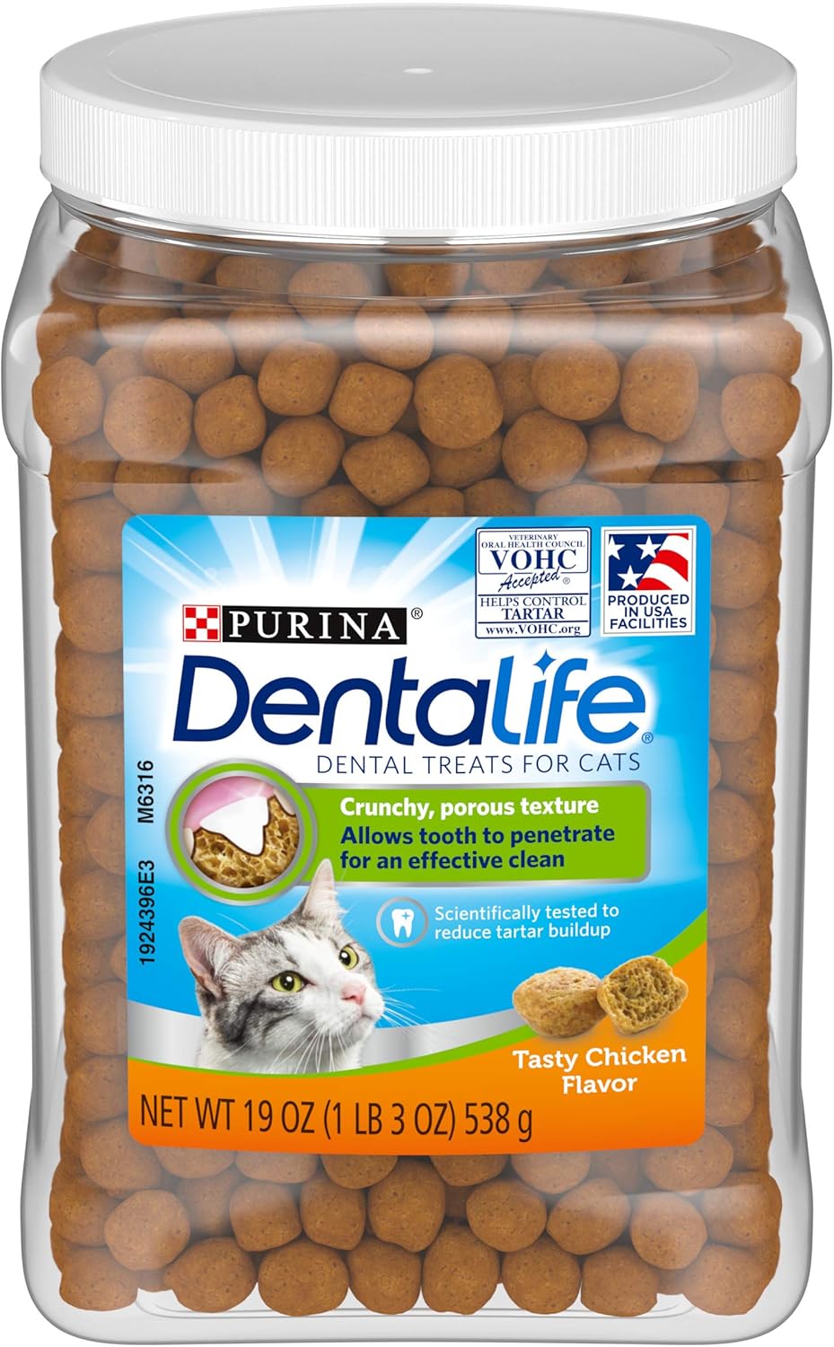 DentaLife Purina Made in USA Facilities – Golosinas dentales para gatos, sabroso sabor a pollo, recipiente de 19 onzas