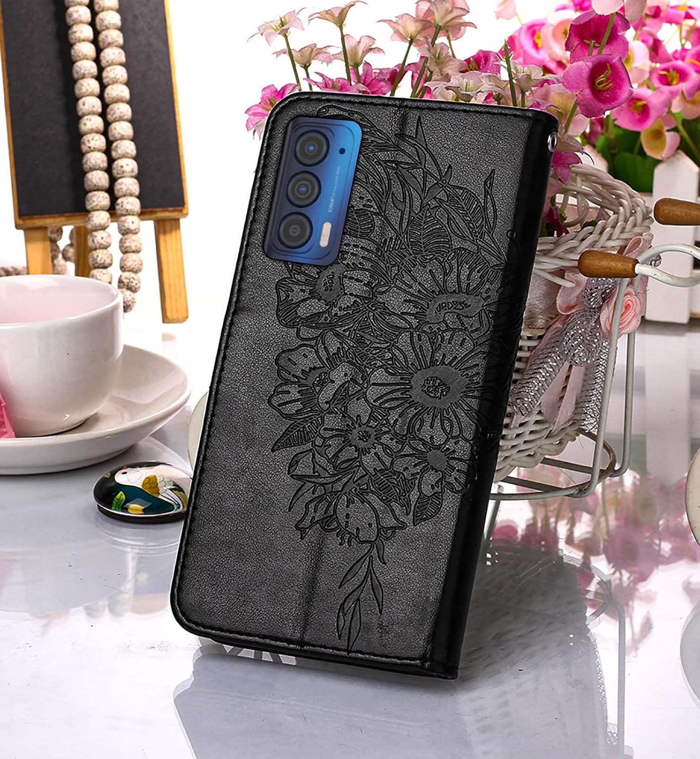 Funda compatible con Motorola Edge 2021, función atril, correa de muñeca, ranuras para tarjetero, diseño floral de mariposa, funda de piel sintética