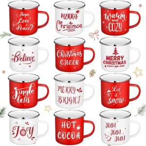 12 tazas de café de Navidad esmaltadas de invierno con citas de 12 onzas, tazas blancas y rojas, divertidas tazas de café de Navidad para mujeres, 12 tazas de café de Navidad esmaltadas de invierno con citas de 12 onzas, tazas blancas y rojas, divertidas tazas de café de Navidad para mujeres,