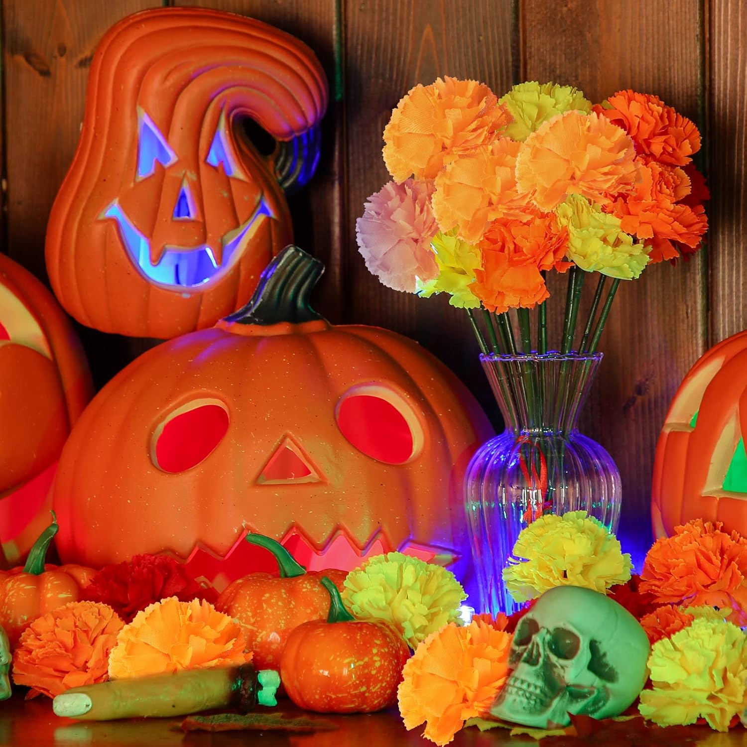 60 flores artificiales de caléndula sintética con tallos de Halloween, flores mexicanas falsas para fiesta del Día de los Muertos, flores para