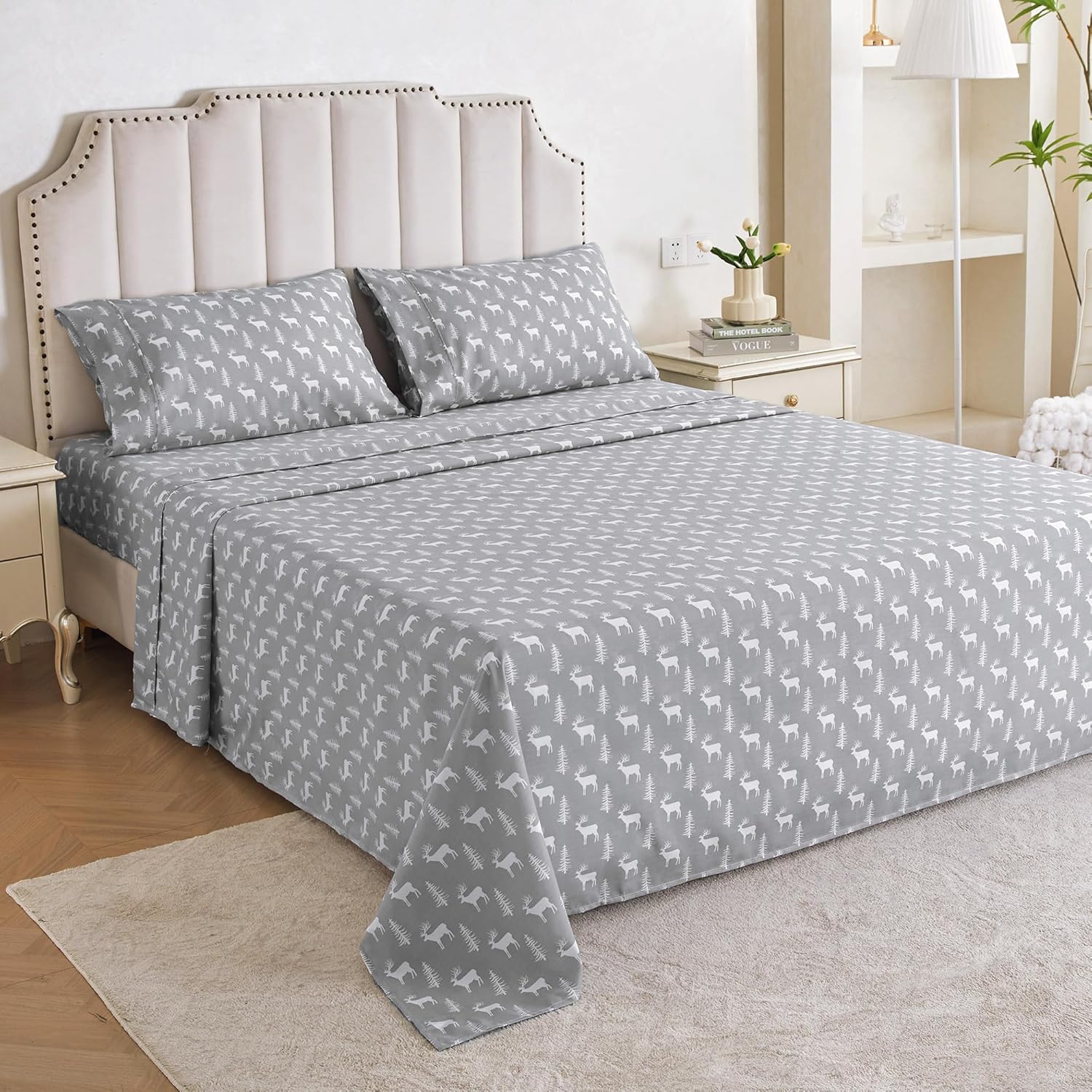 Sábanas estampadas de tamaño Queen, sábanas de vacaciones de Navidad, sábana bajera ajustable de microfibra cepillada con bolsillo profundo de 15