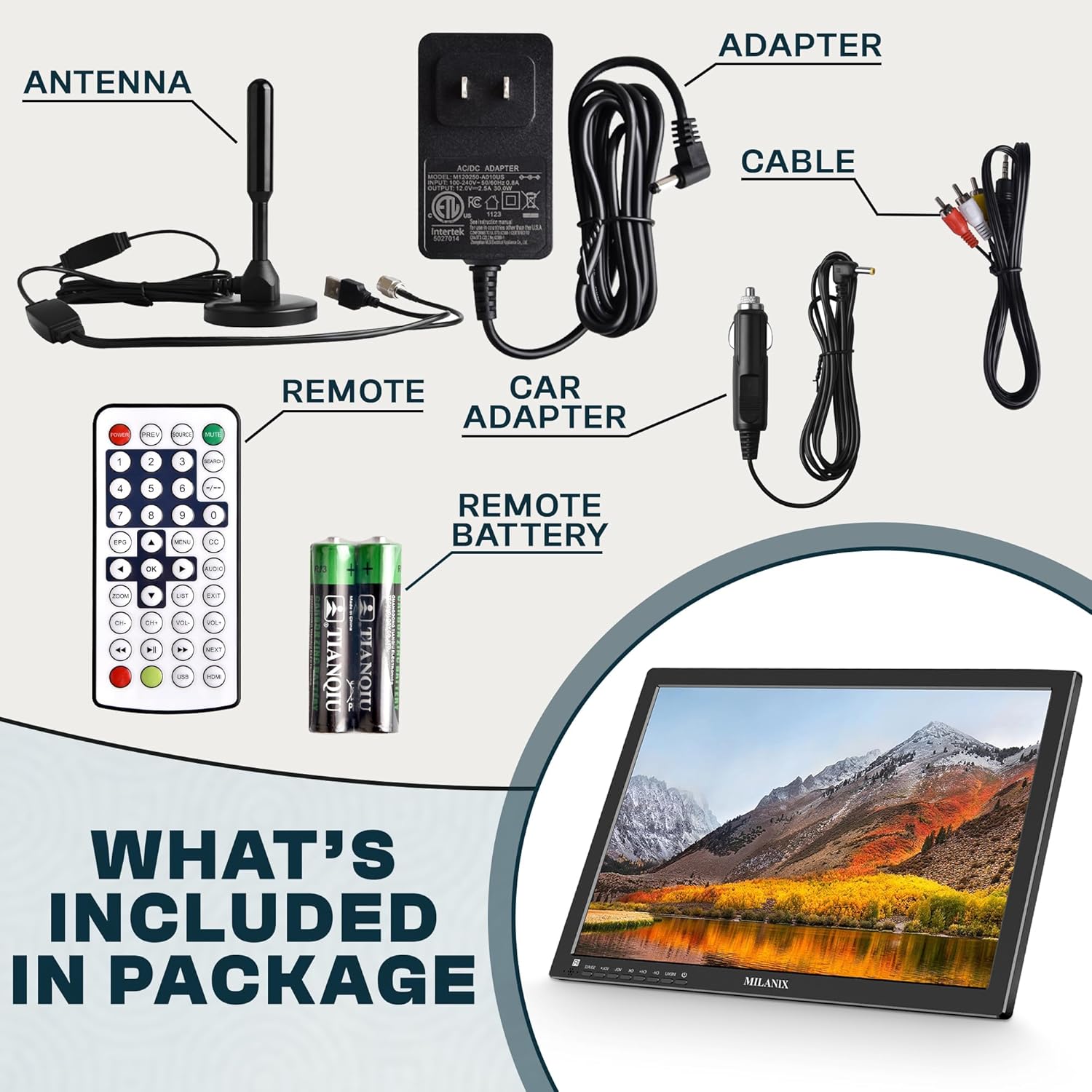 Monitor portátil de TV LCD de 19 pulgadas 1080P recargable con HDMI integrado, USB, soporte, entrada AV, sintonizador digital, antena, CACC y