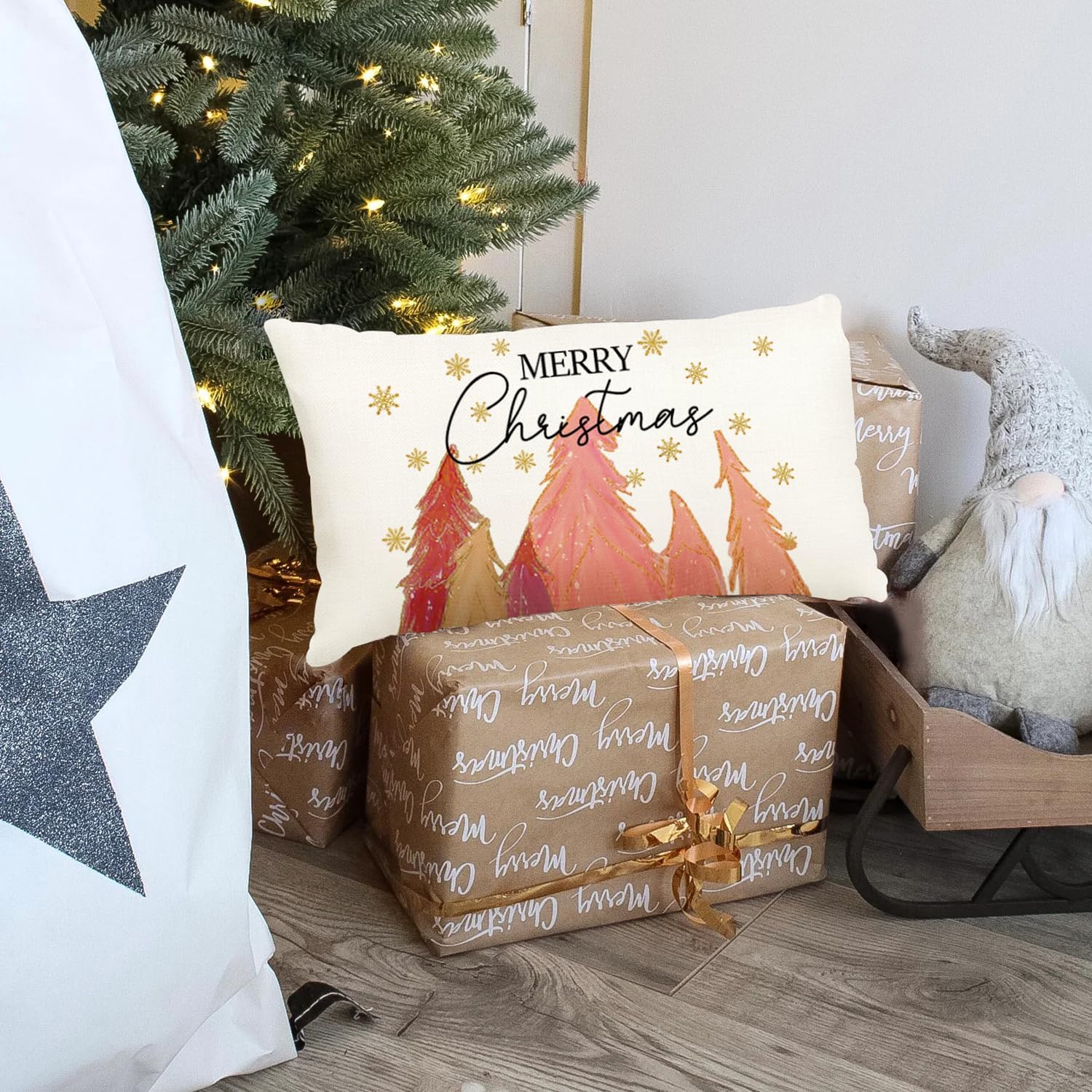 Fundas de almohada de Navidad de 12 x 20 pulgadas, diseño de copo de nieve de árbol de Navidad, decoración de vacaciones, funda de cojín para el