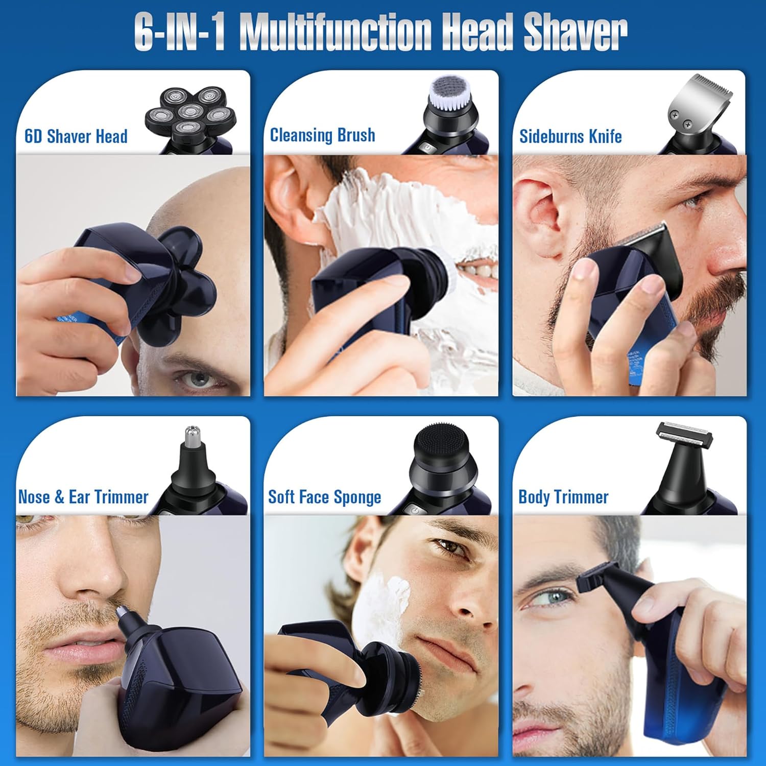 Afeitadora de cabeza para hombres calvos, afeitadora eléctrica 6 en 1 para cabeza calva inalámbrica, impermeable, húmeda, seca, 6 cabezales,