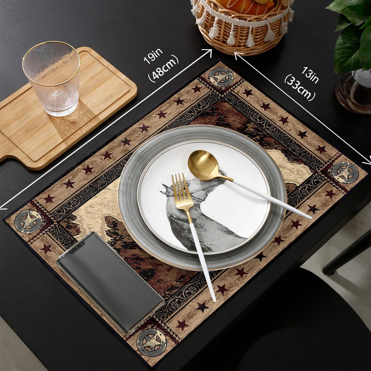 Western Texas – Juego de 6 manteles individuales para mesa de comedor, rústicos vintage para cocinacomedor, antideslizantes, duraderos, lavables,