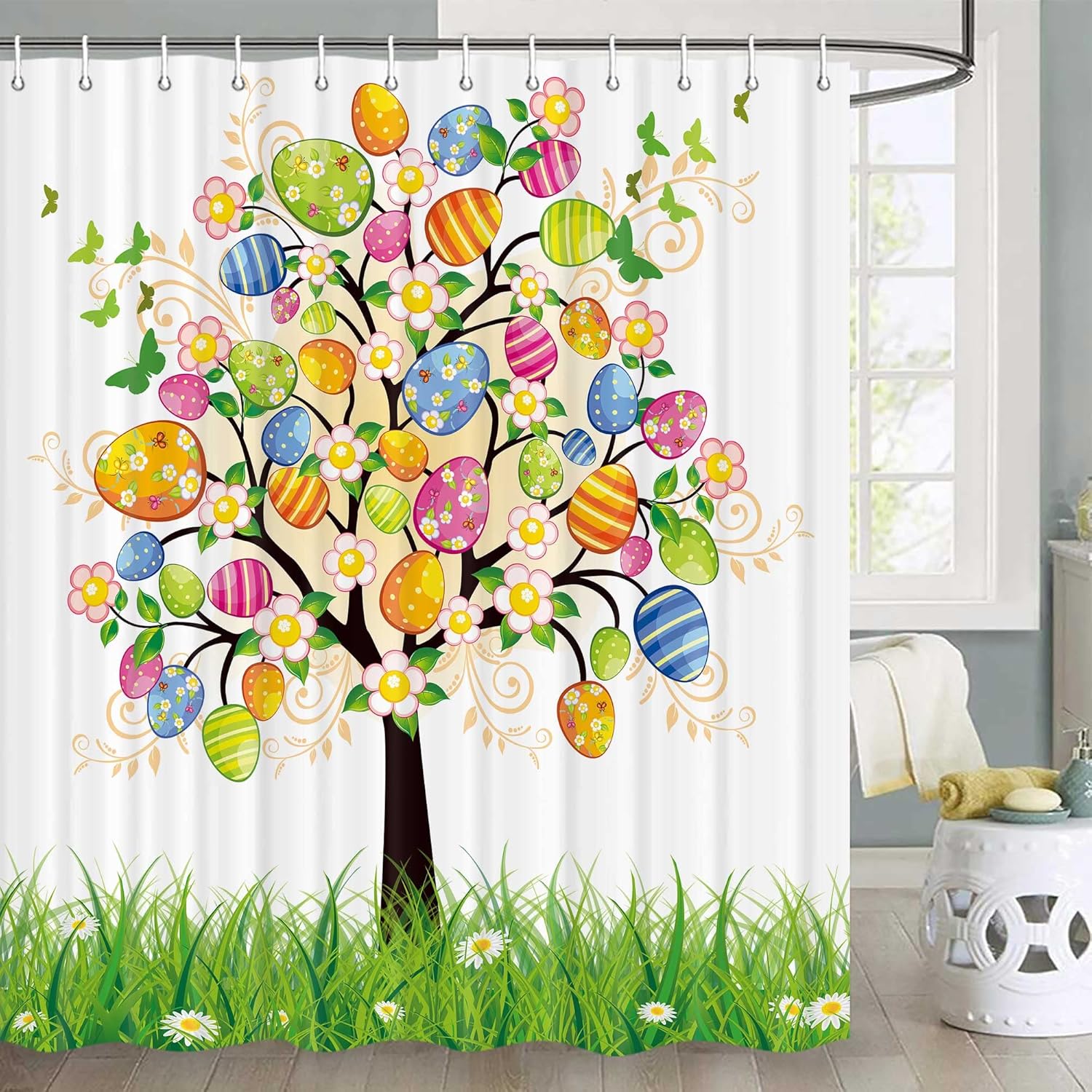 JAWO Cortina de ducha de Pascua, huevos de Pascua, cortina de ducha de huevos de Pascua, huevos pintados, flores florales, mariposas, cortinas de