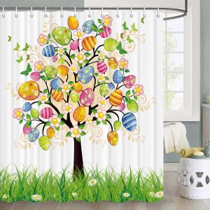 JAWO Cortina de ducha de Pascua, huevos de Pascua, cortina de ducha de huevos de Pascua, huevos pintados, flores florales, mariposas, cortinas de JAWO Cortina de ducha de Pascua, huevos de Pascua, cortina de ducha de huevos de Pascua, huevos pintados, flores florales, mariposas, cortinas de