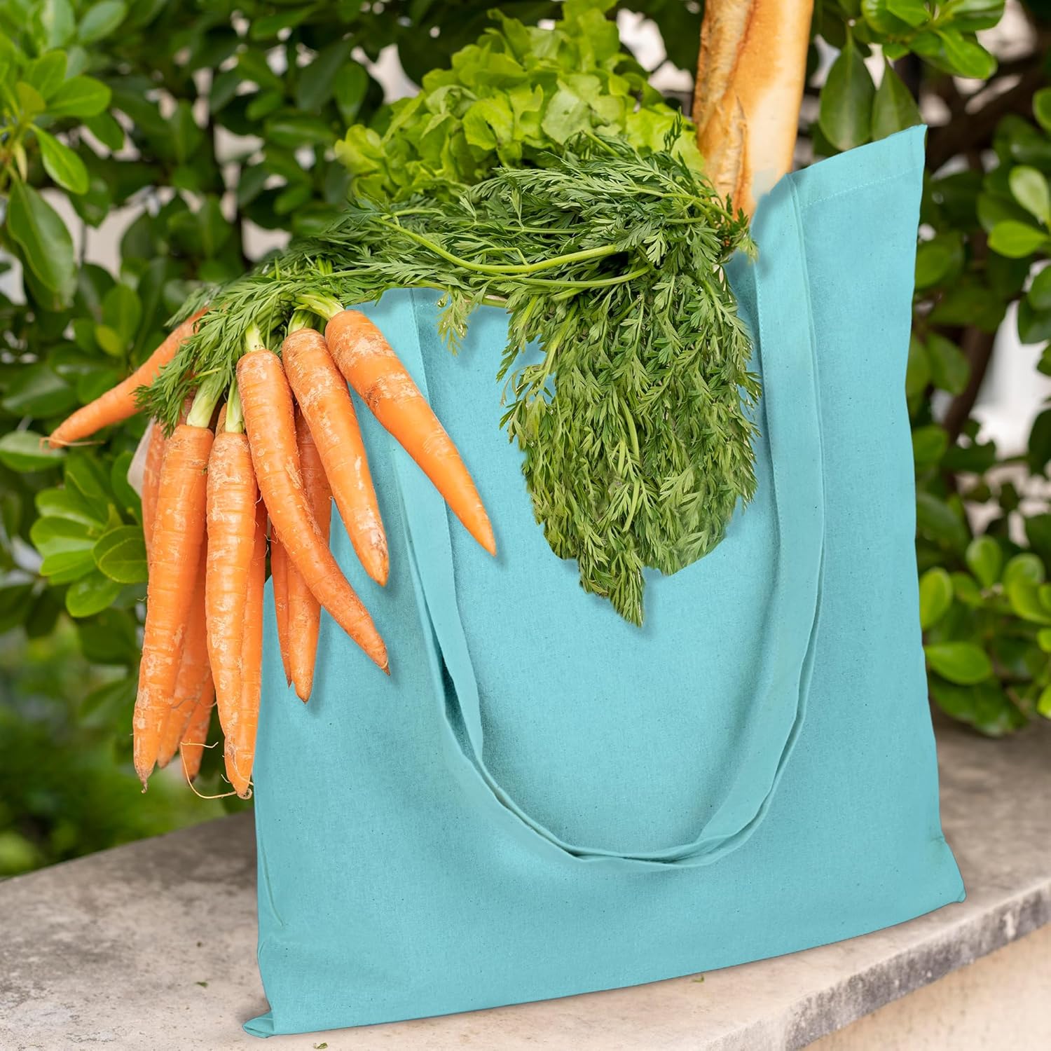 Urban Villa Paquete de 48 bolsas de comestibles reutilizables de 15 x 16 pulgadas con mango largo de 27 pulgadas, color aguamarina, 100% algodón,