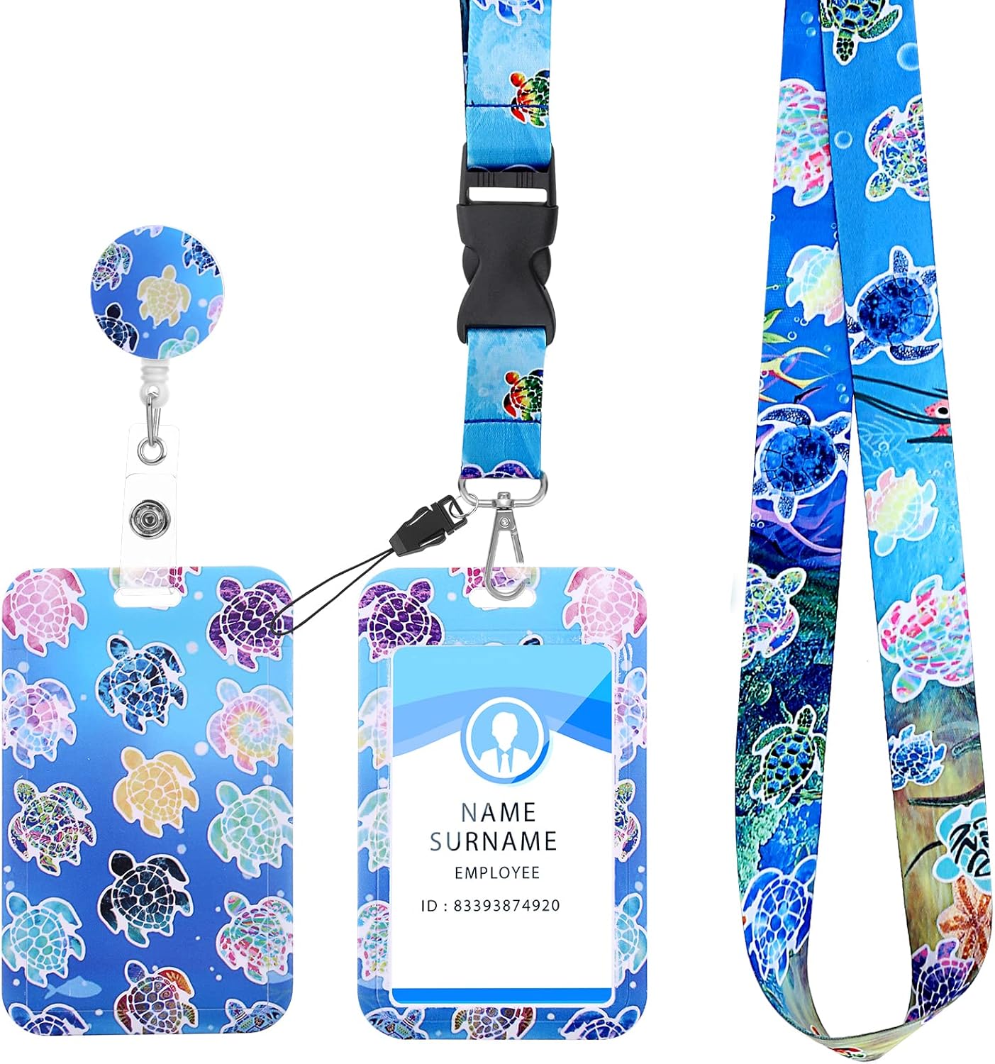 Portatarjetas de identificación de tortuga marina con cordón, clip retráctil para carrete de insignia de vida marina y cordones desmontables con