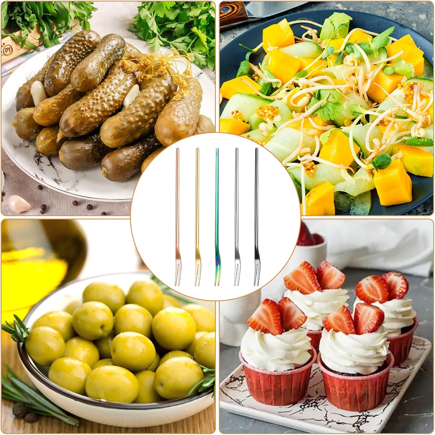 10 tenedores para pepinillos, tenedor de oliva con mango largo, tenedores de cóctel de acero inoxidable de 8.2 pulgadas, agarrador de pepinillos