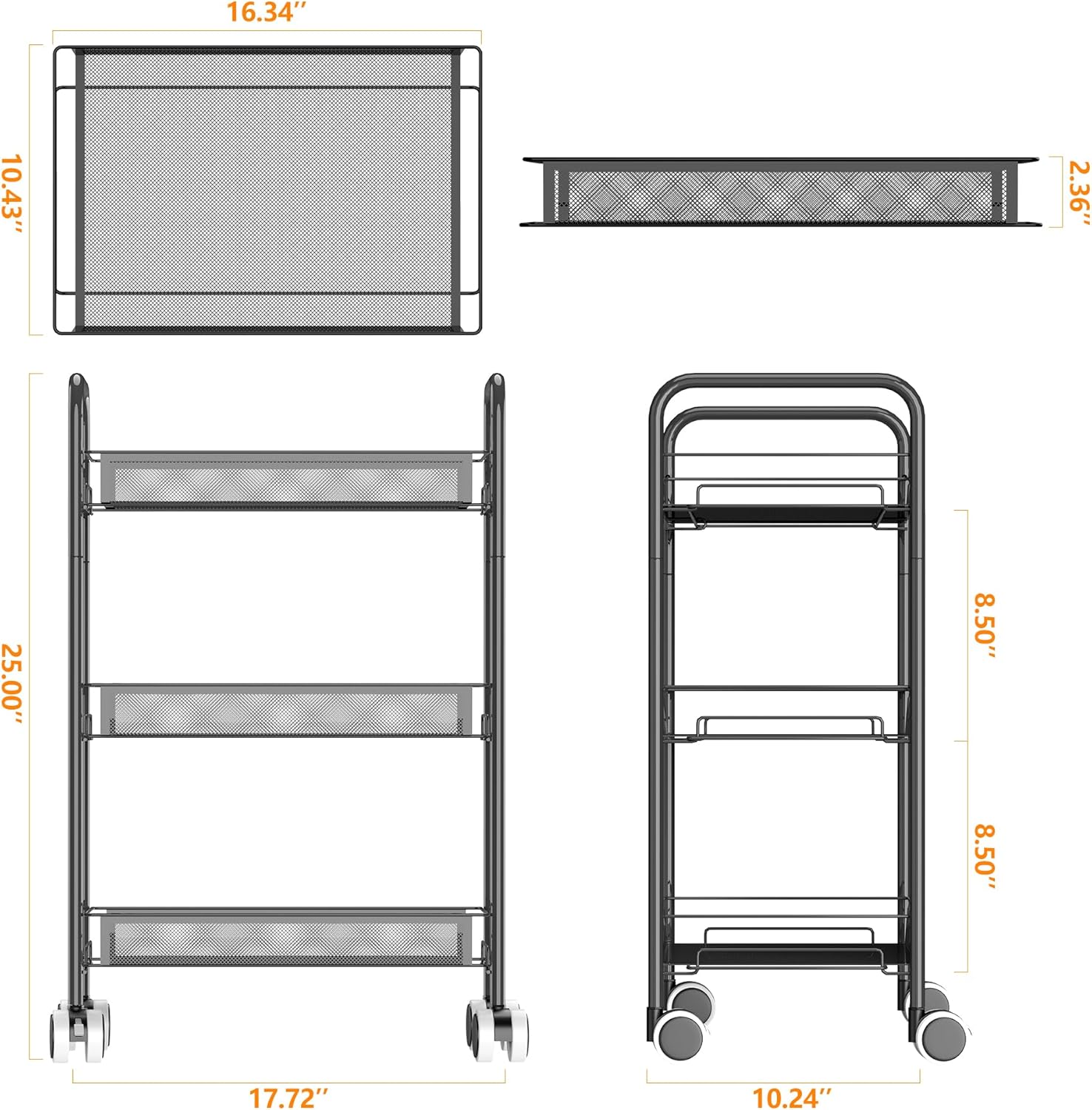 Carrito de metal de 3 niveles con ruedas, con cestas, fácil de transportar y montar con práctico cubo y ganchos, negro MRC02B