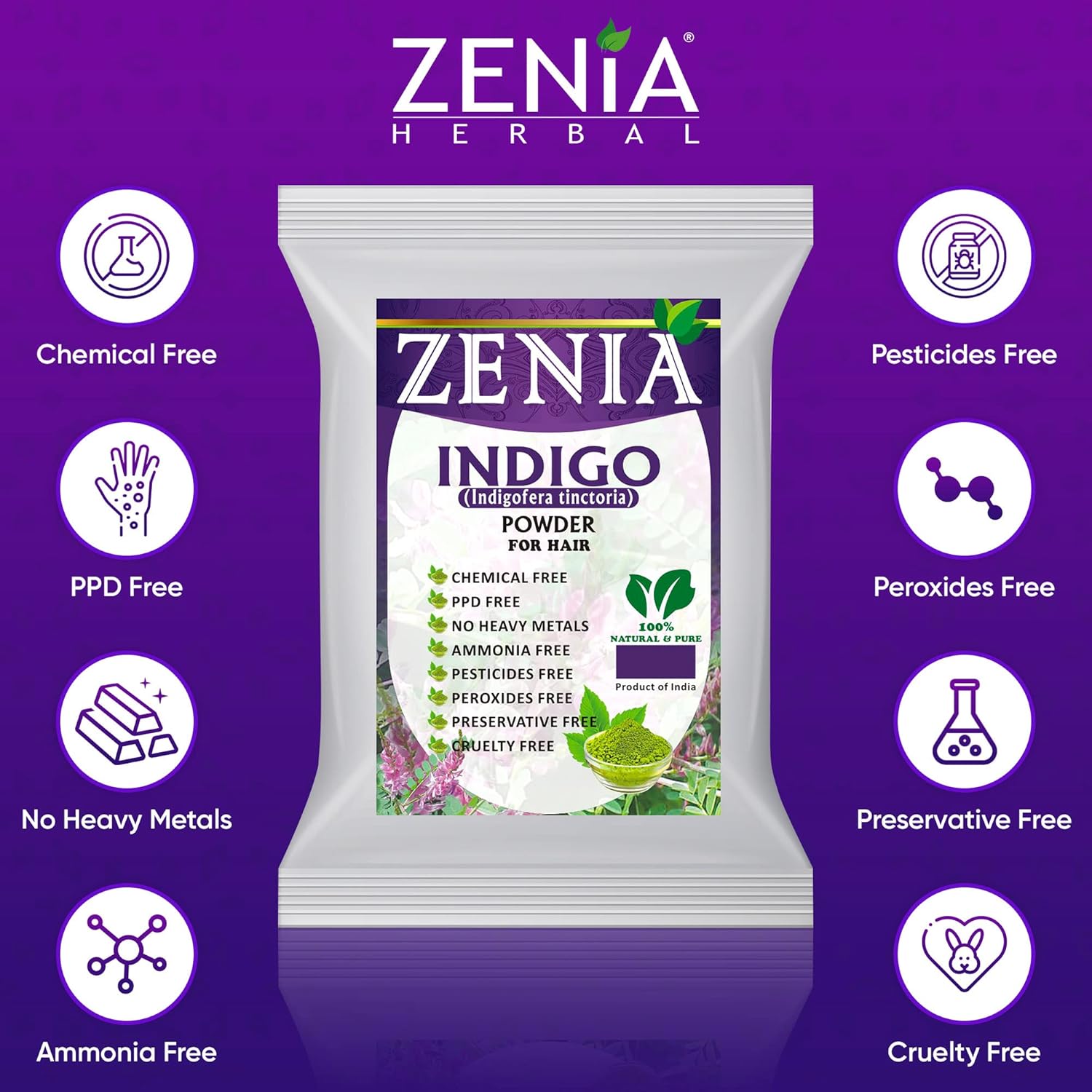 Zenia Tinte índigo en polvo para cabello y barba  7 onzas (7 onzas)  Tinte para el cabello 100% natural  Color de cabello a negro naturalmente  100%