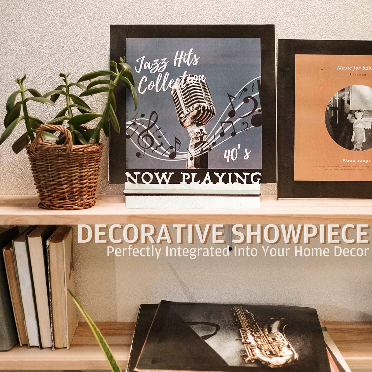 KELIFANG Now Playing – Soporte para discos de vinilo, pantalla de discos LP con diseño 3D hecho a mano, soportes de almacenamiento de madera vintage