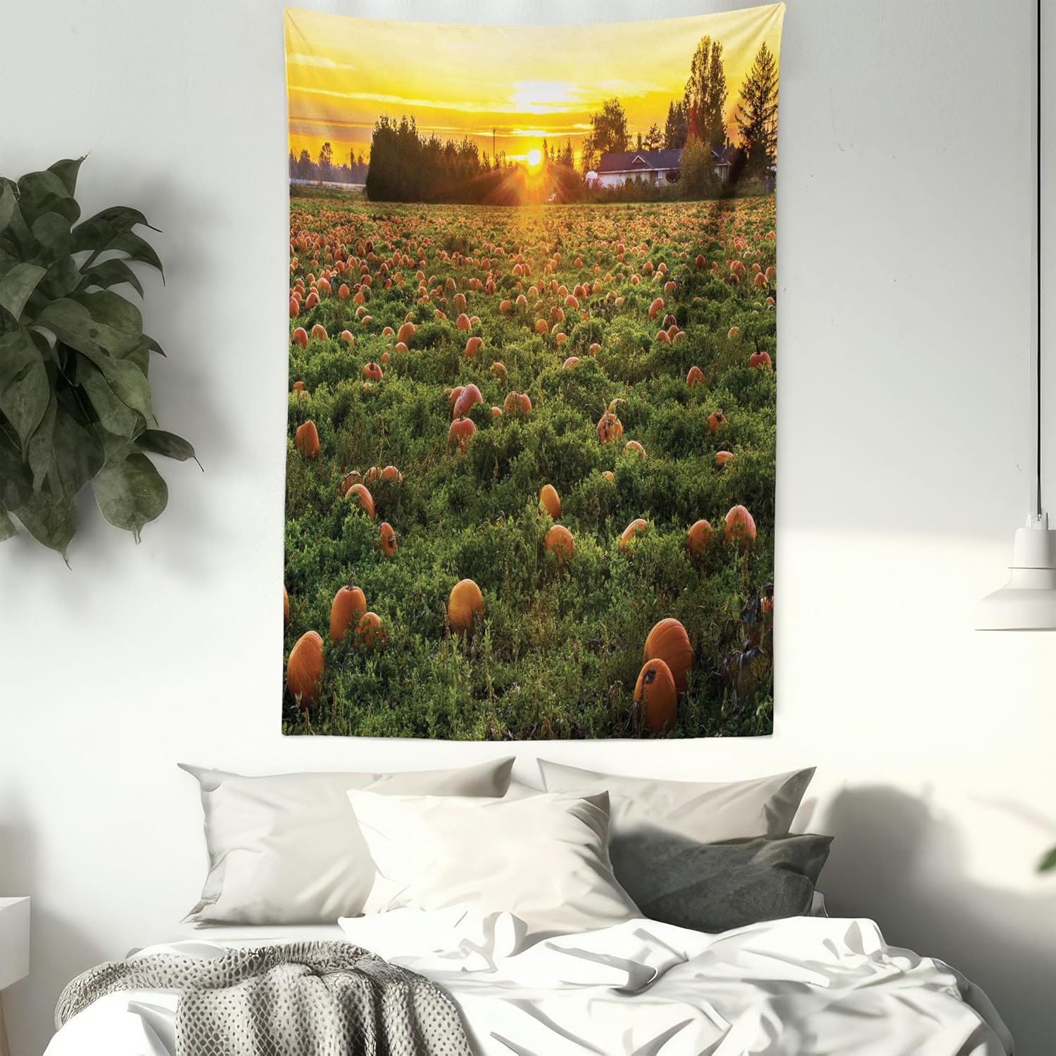 Ambesonne Tapiz de calabaza de otoño, tamaño Queen, foto temática de agricultura de otoño, parche de frutas de temporada al atardecer, colcha