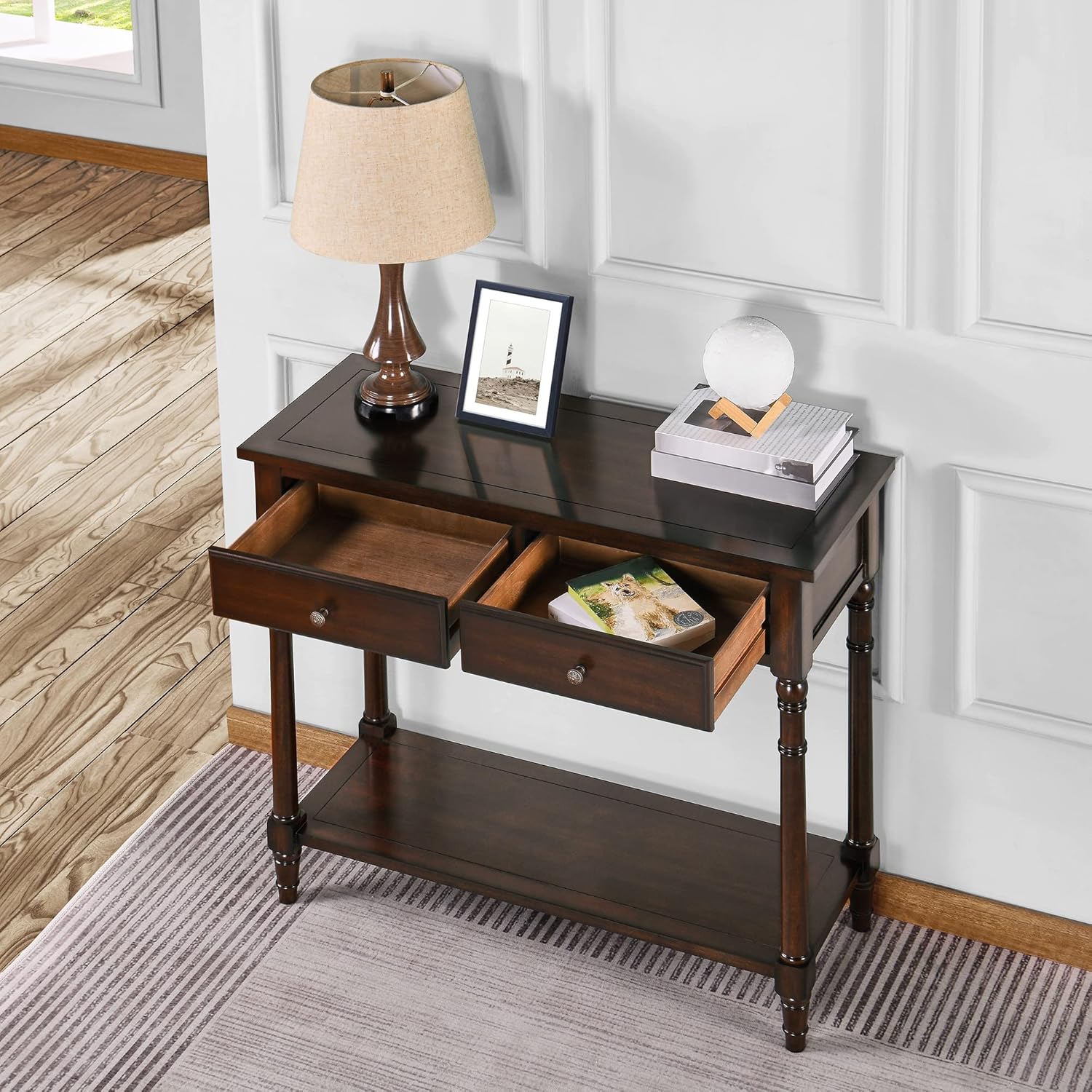 Mesa consola de madera maciza con 2 cajones, mesa de sofá decorativa de 2 niveles de 35.4 x 30 pulgadas con estante de almacenamiento multicapa,